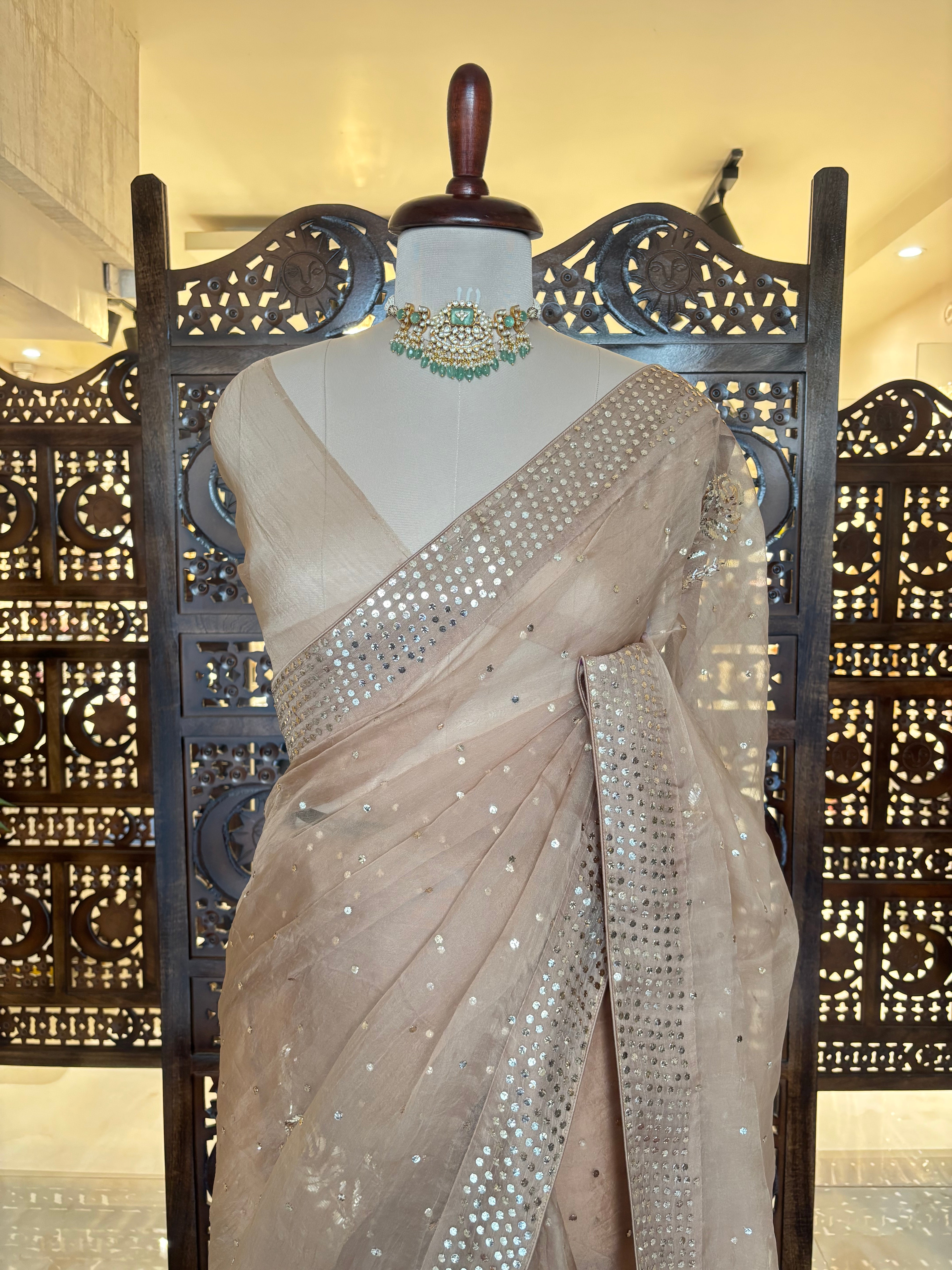 Nude Beige Pure Organza Mukaish Saree