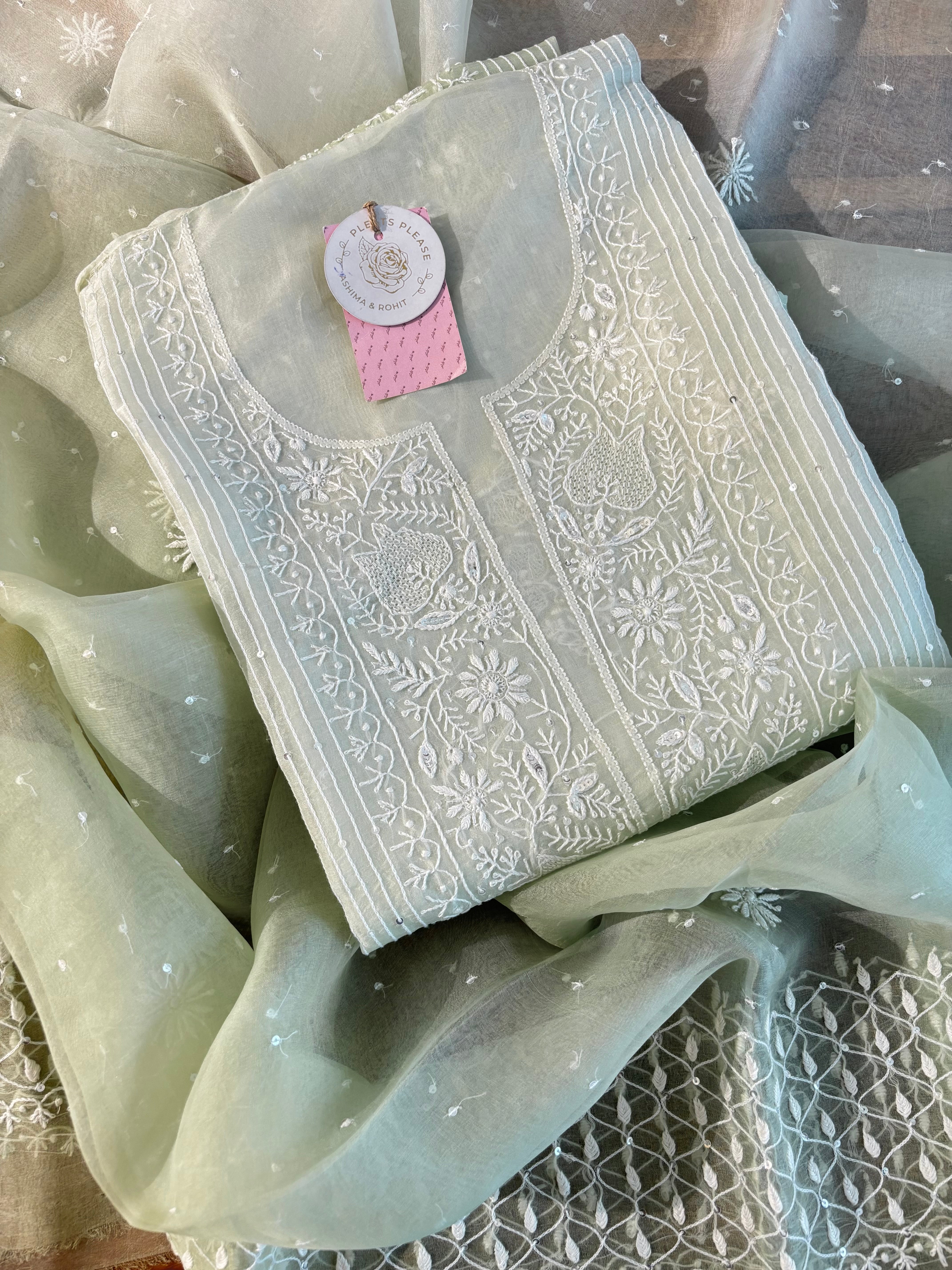 Pastel Sage Green Organza Chikankari Kurta & Dupatta