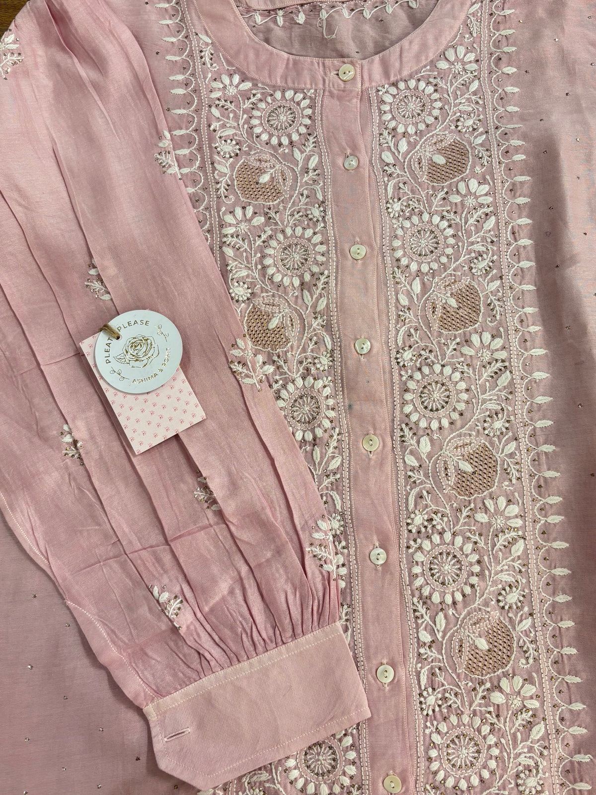 Pink Chanderi Silk Chikankari Mukaish Co-Ord Set
