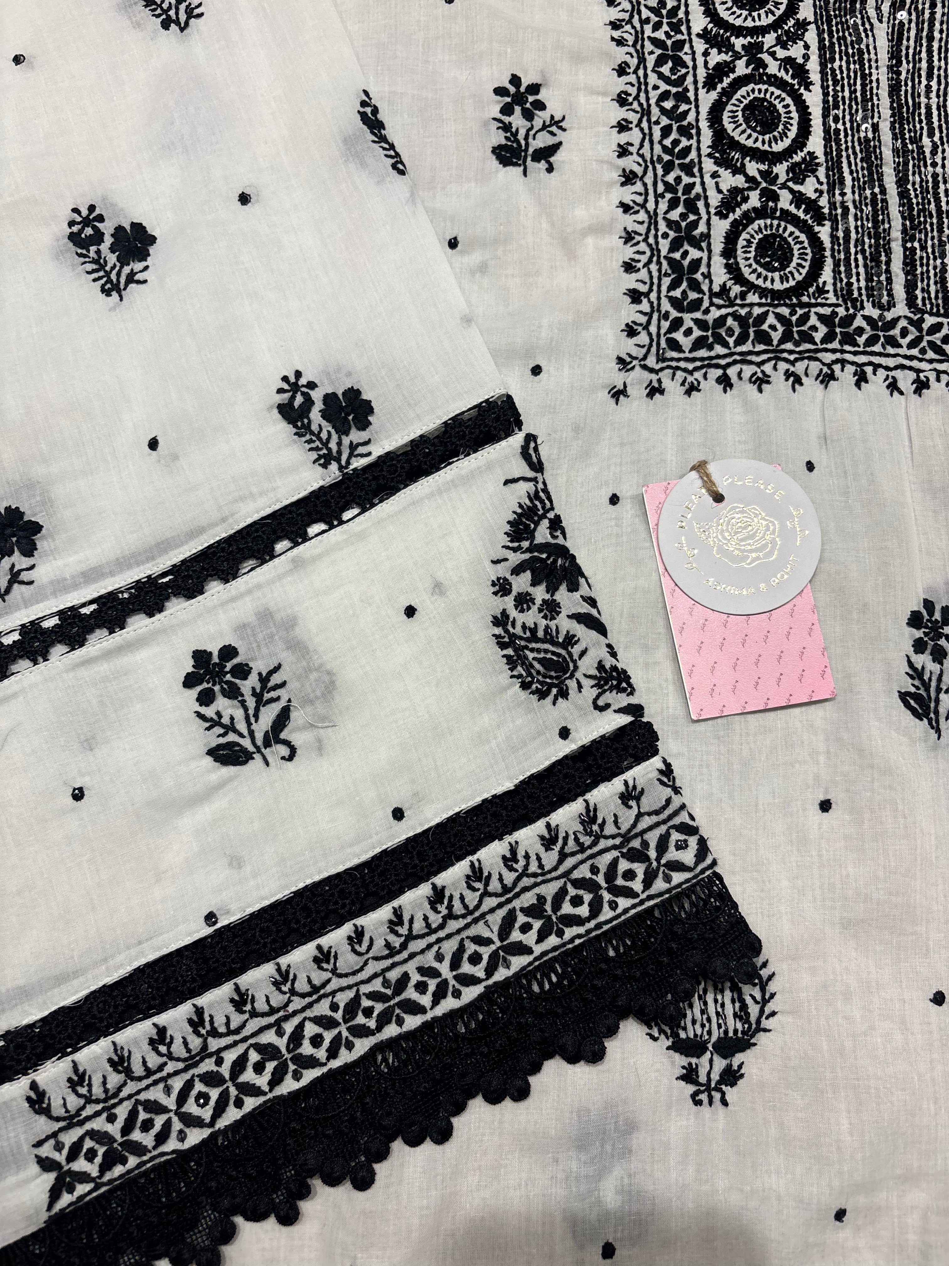 White & Black Chikankari MulMul Kurta Fabric