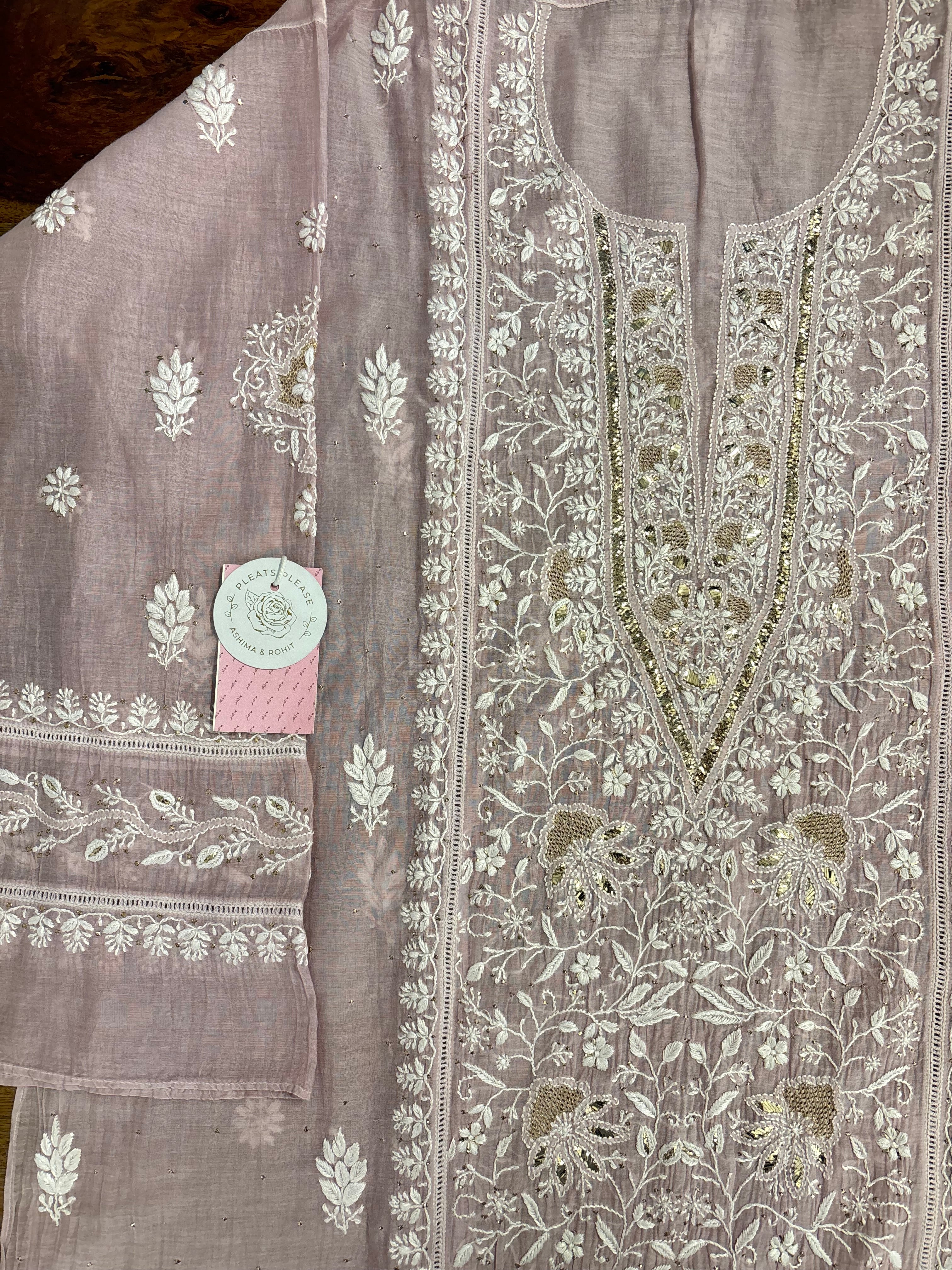 Rose Gold Chanderi Chikankari Mukaish Kurta & Dupatta - Pleats PleaseChikankari