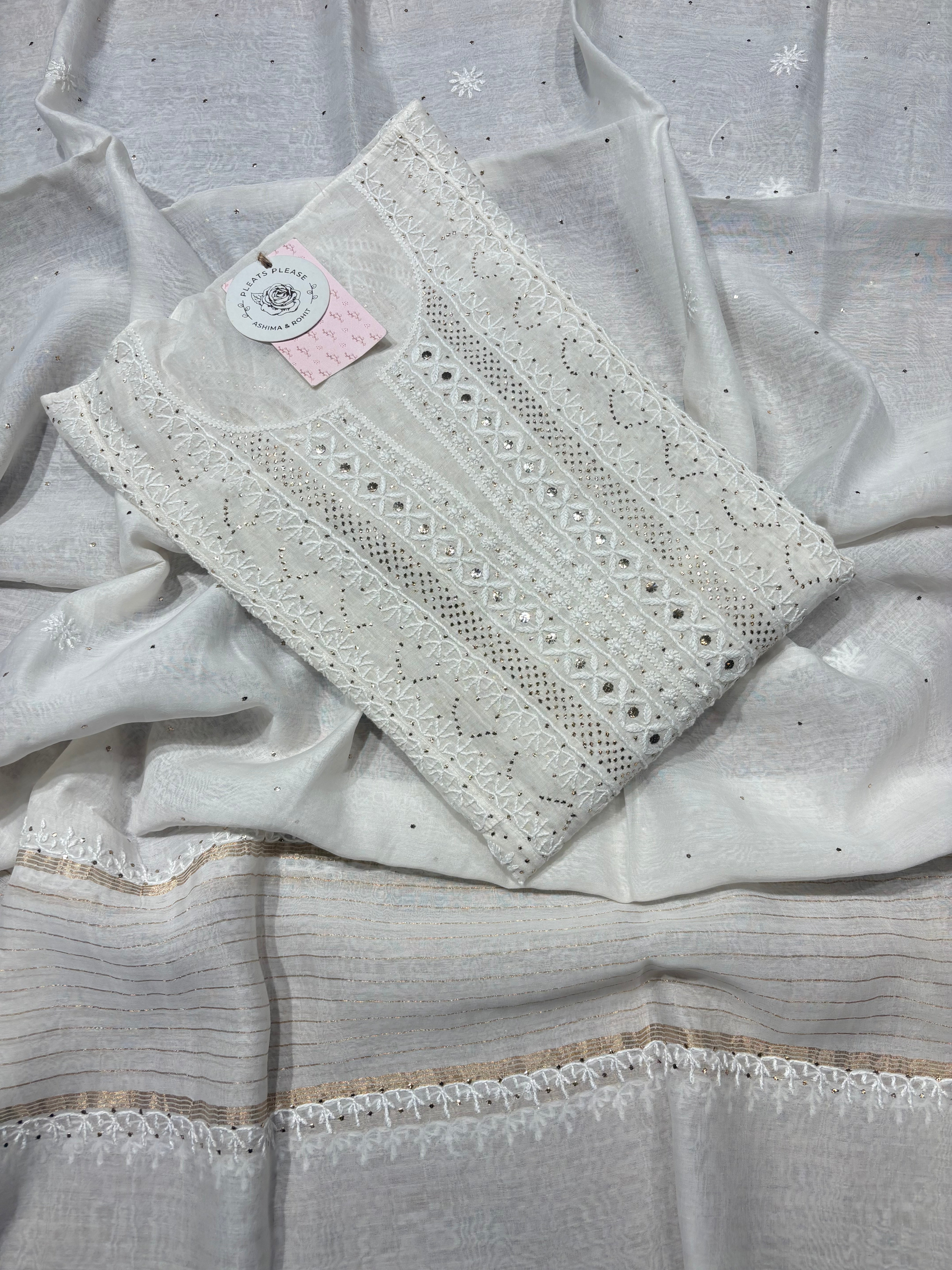 Dyeable Chanderi Mul Chikankari & Mukaish Anarakli and Dupatta Set