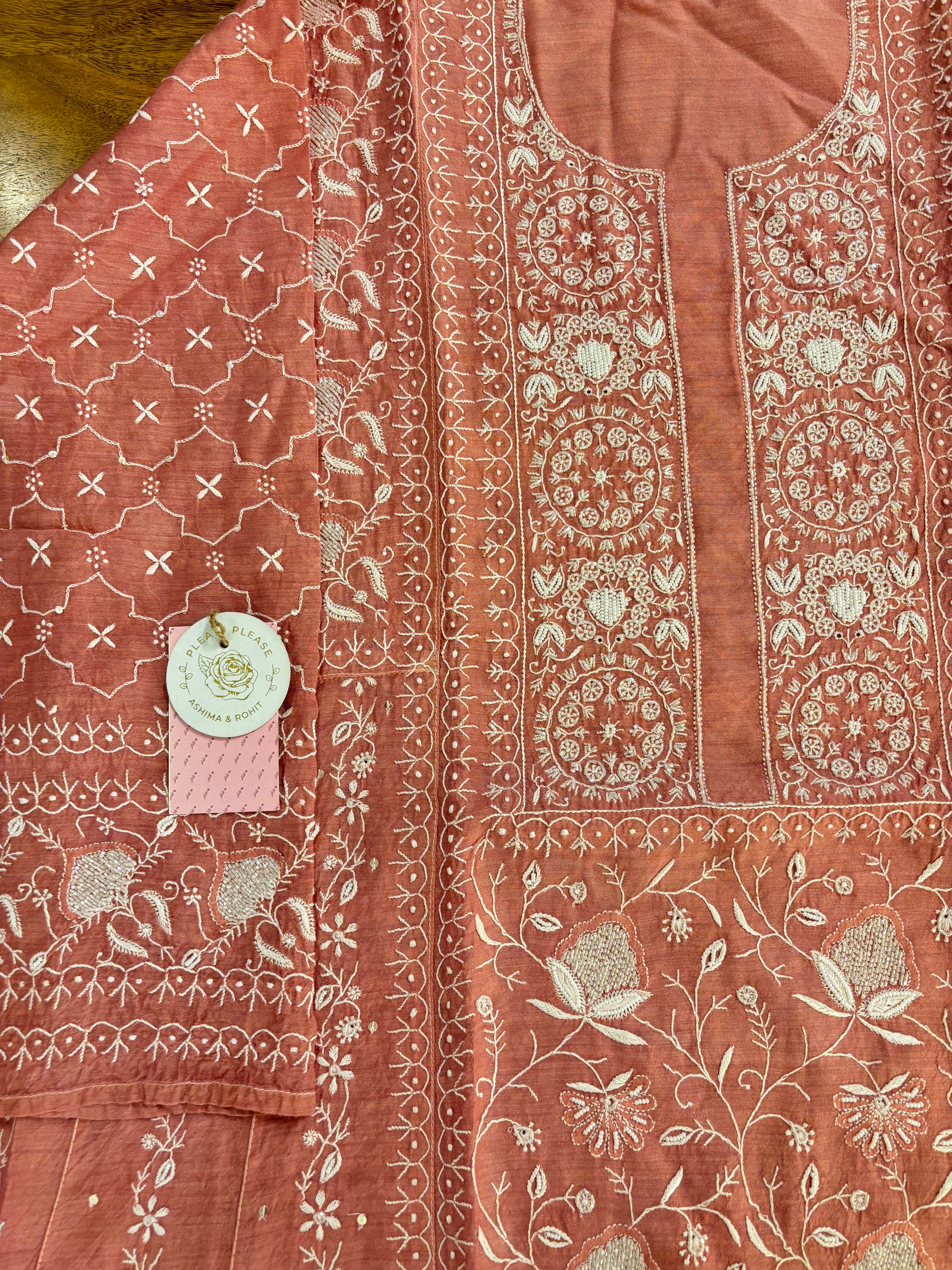 Peach Monga Silk Chikankari Anarkali & Dupatta Set