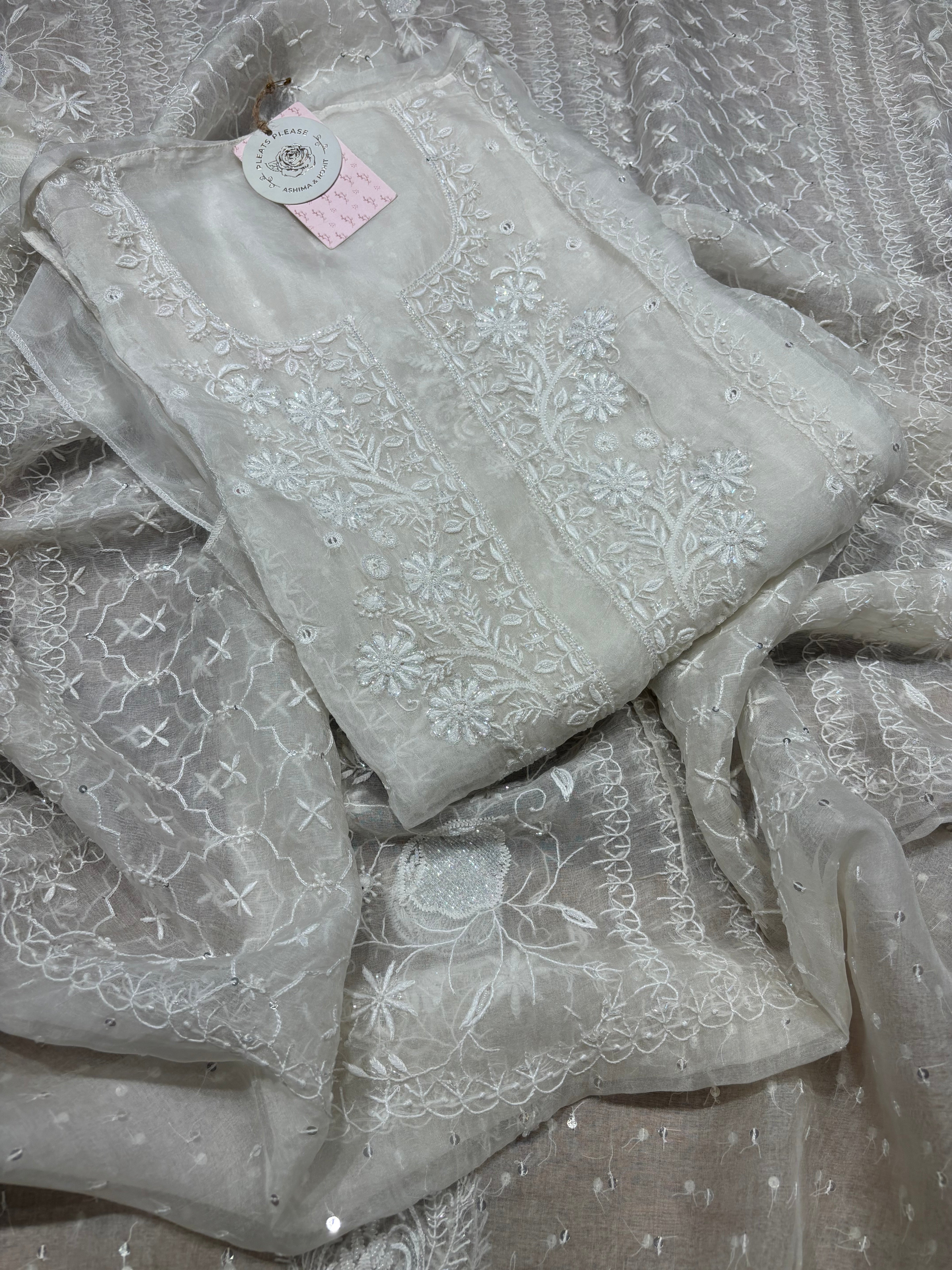 Dyeable Pure Organza Chikankari Kurta And Dupatta Set