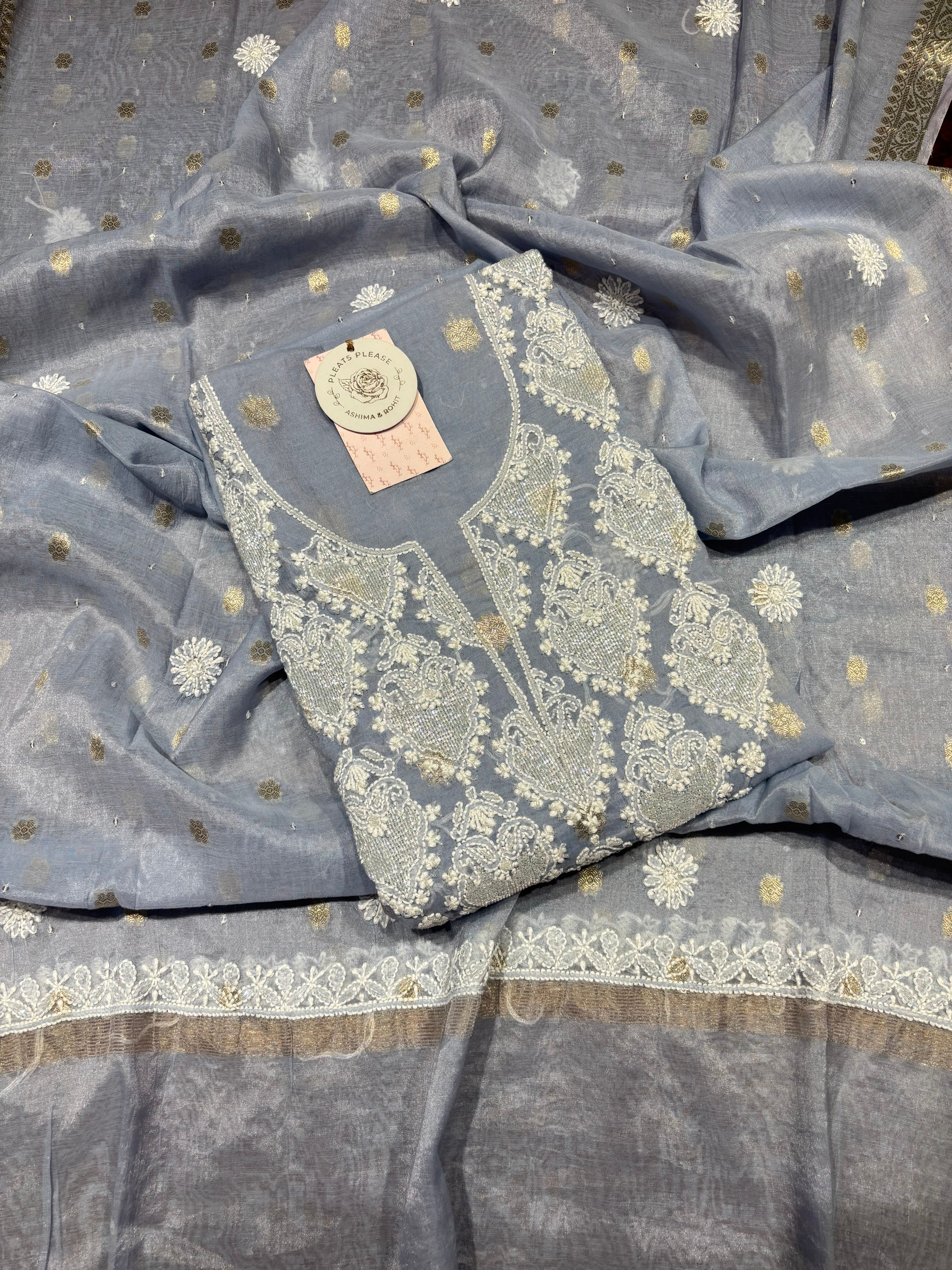 Powder Blue Chanderi Silk Chikankari Kurta & Dupatta Fabric