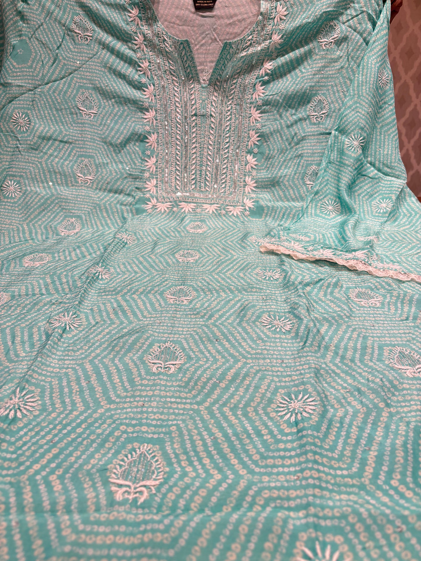 Sea Green Muslin Bandhani Chikankari Kurta