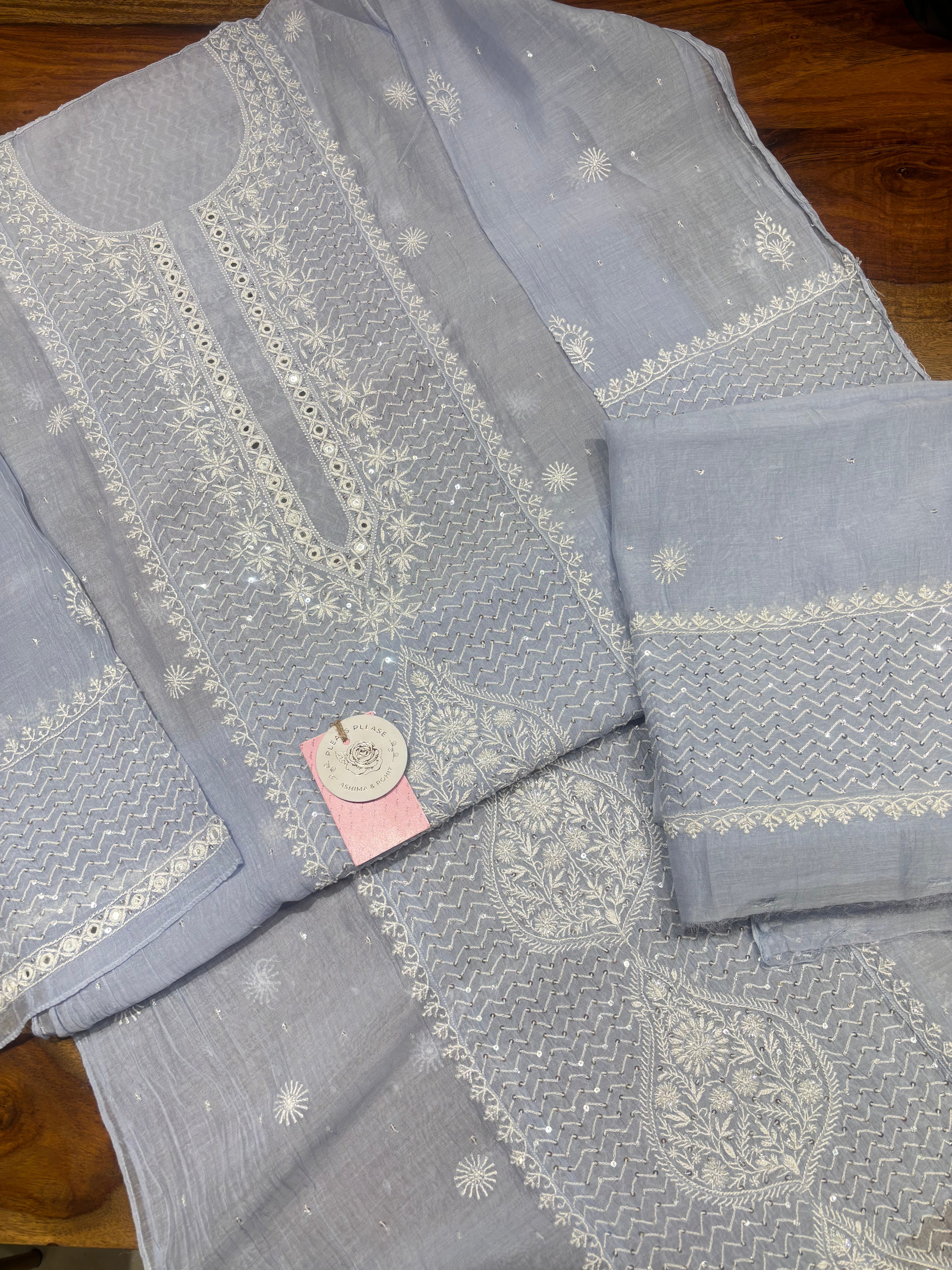 Powder Blue Chanderi Mul Chikankari Kurta & Dupatta Set