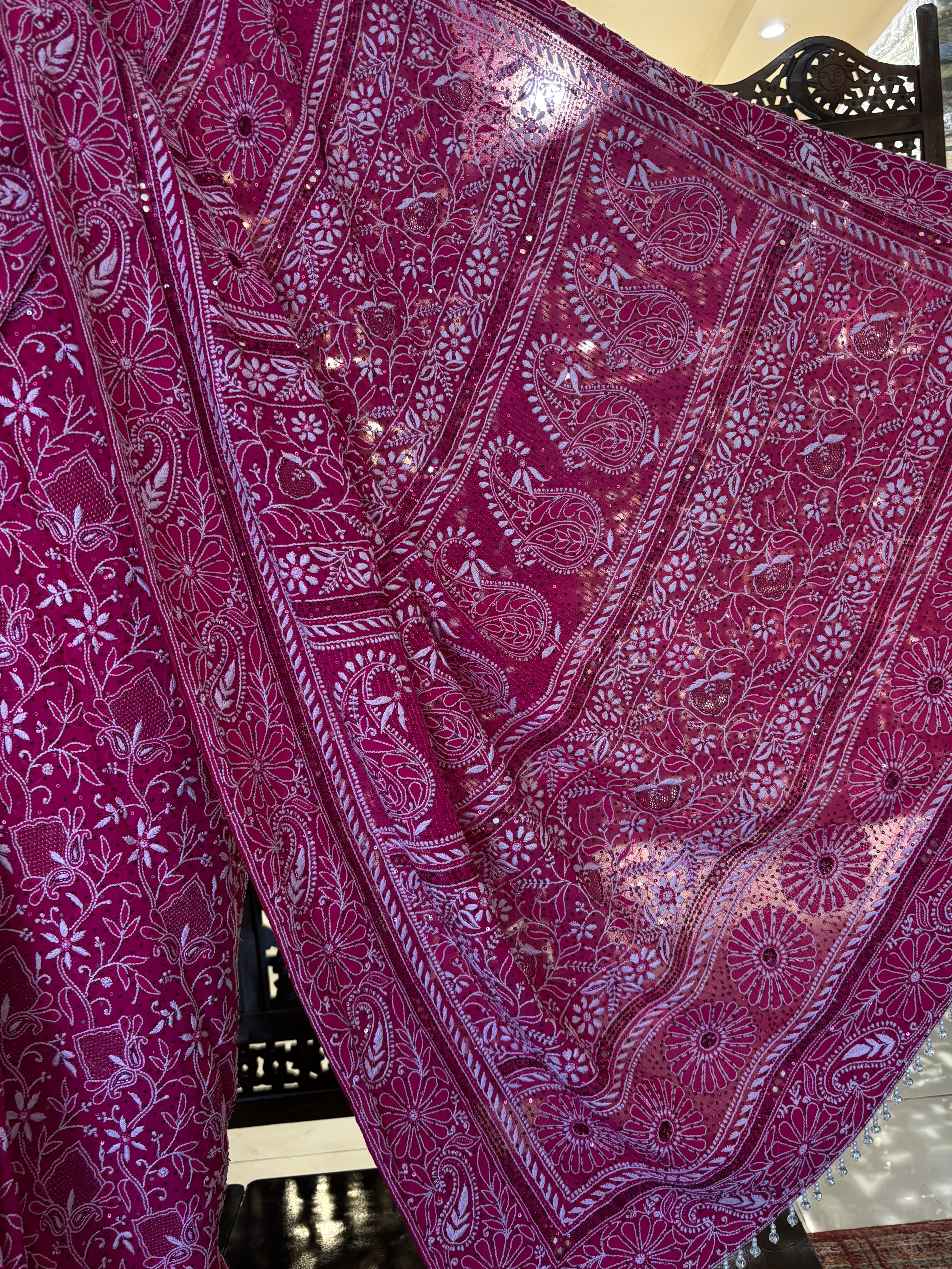Magenta Pure & Premium Georgette Chikankari Saree - Pleats PleaseChikankari