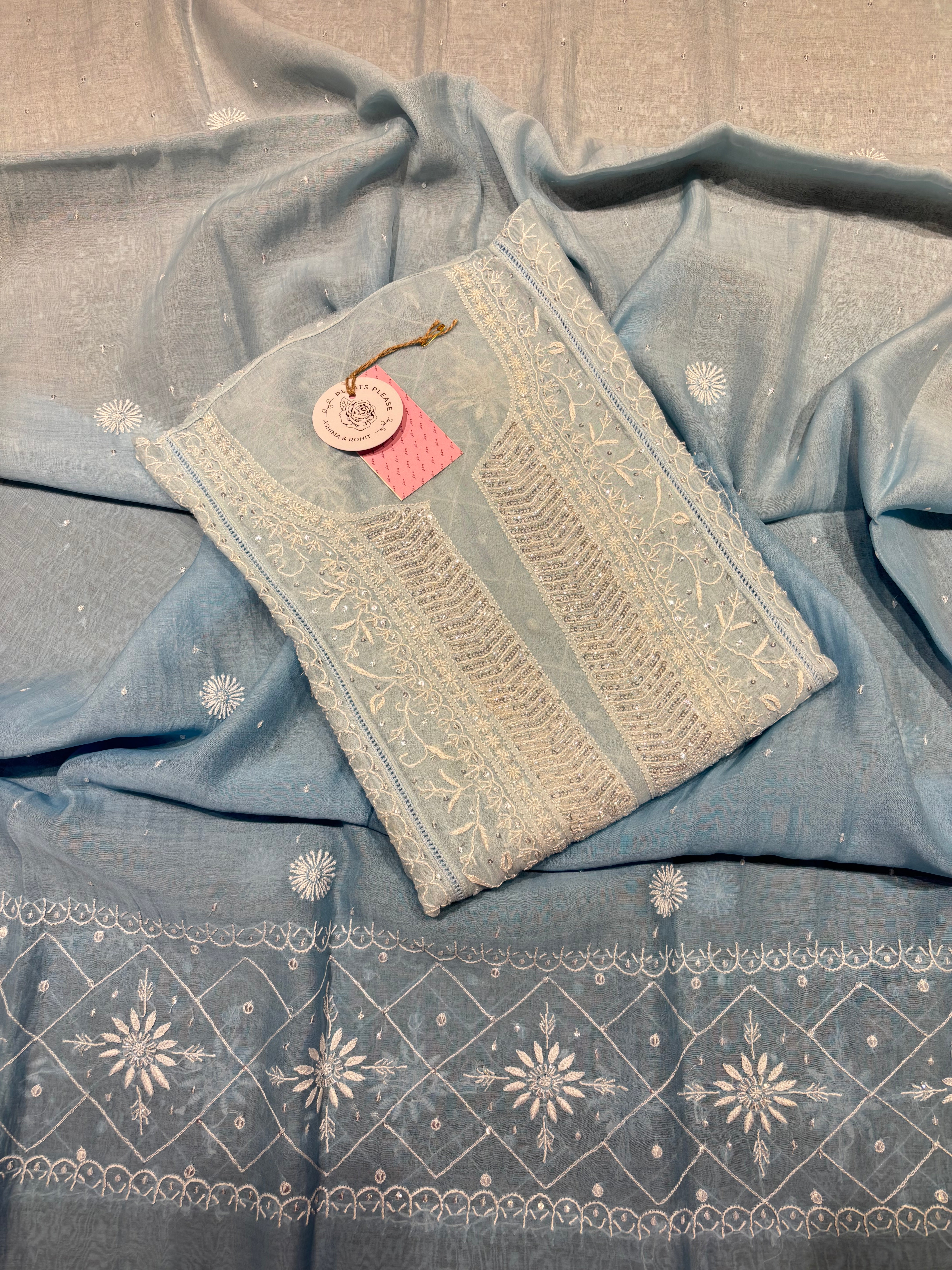 Powder Blue Ombre Chanderi Mul Chikankari Kurta & Dupatta aset
