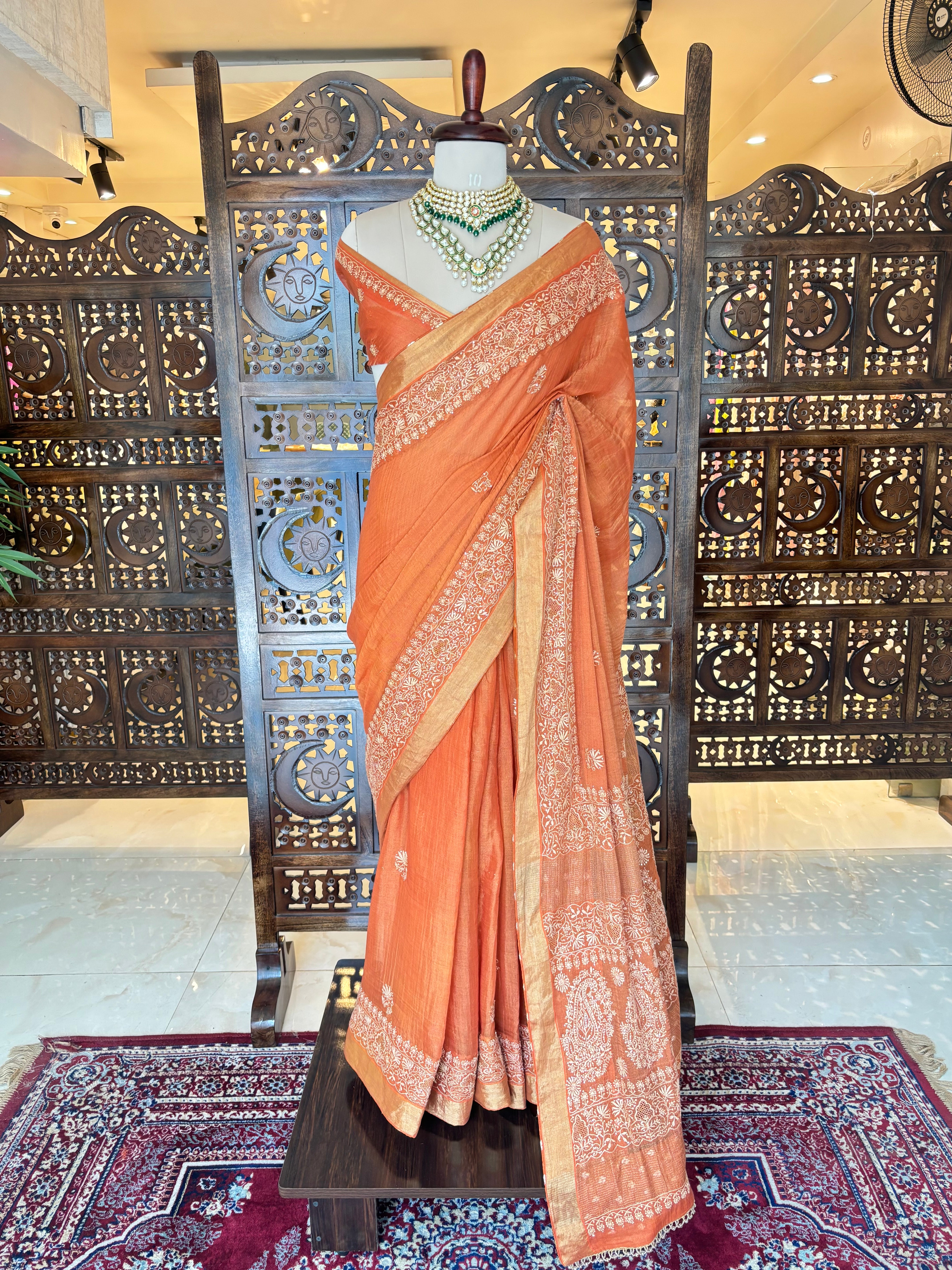 Burnt Orange Tissue Mukaish Chikankari Saree