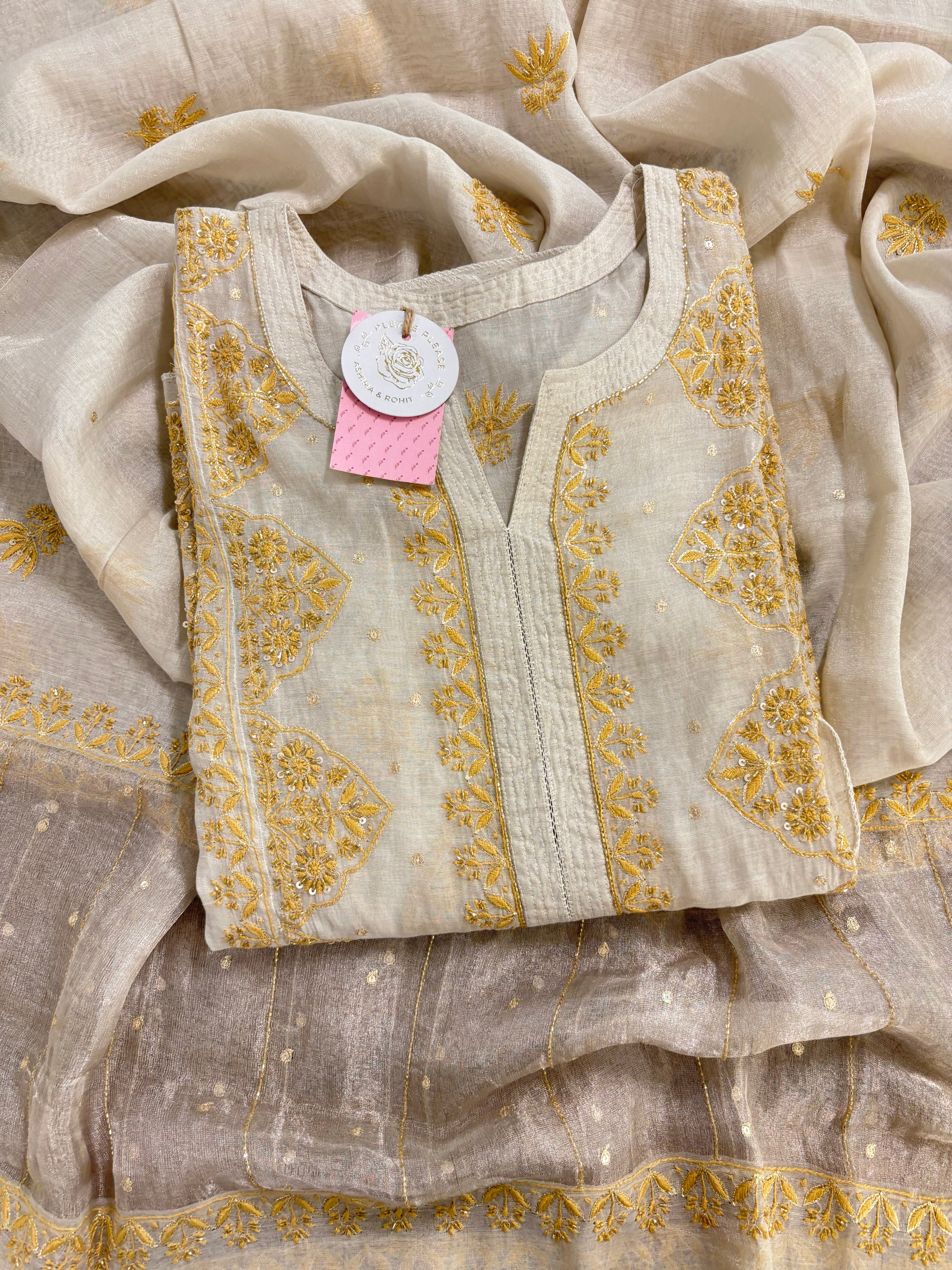 Dyeable Ivory Silver Pure & Premium Tissue Chikankari Kurta & Dupatta