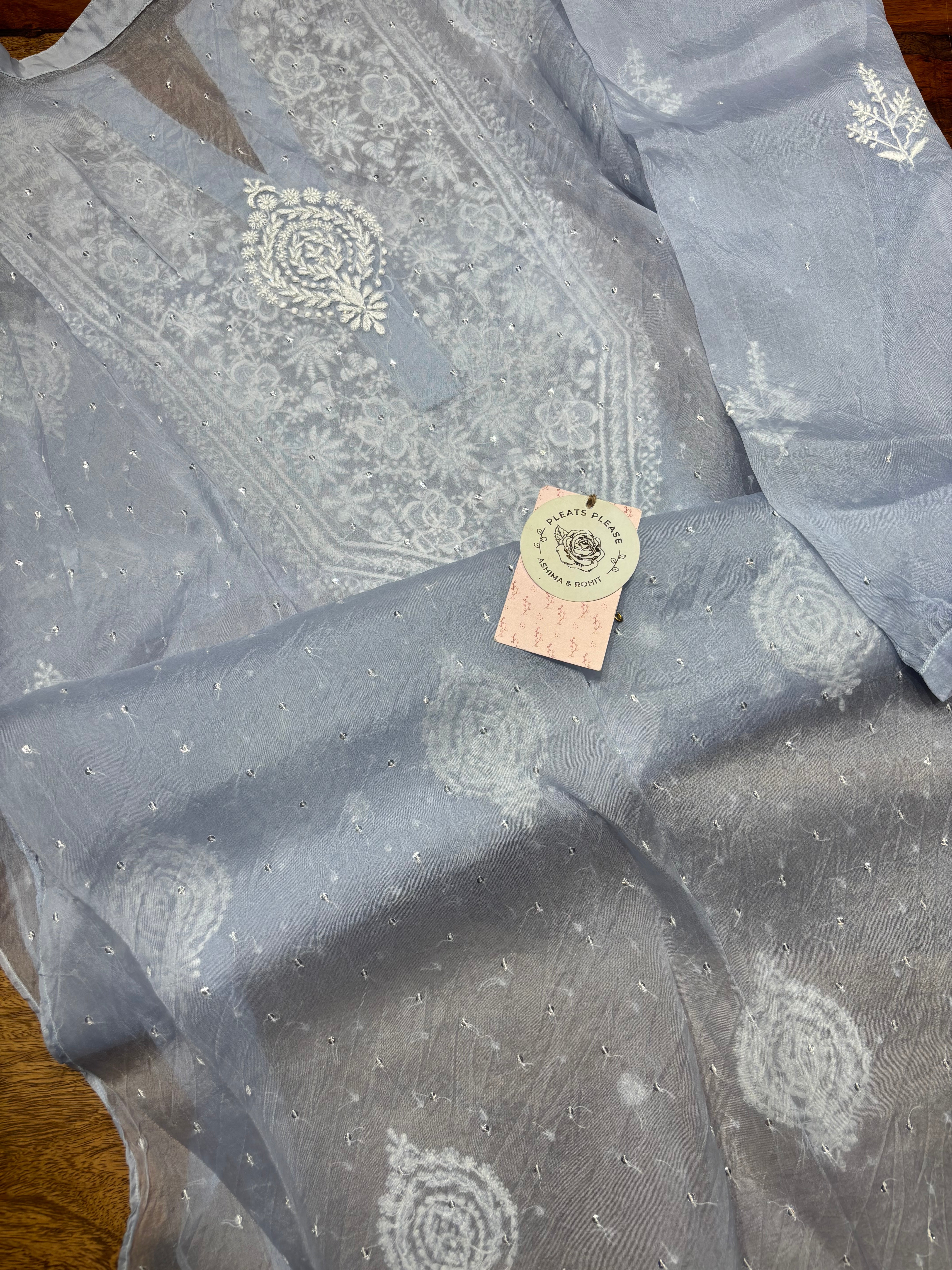 Tealish Blue Pure & Premium Organza Silk Chikankari Co-ord Set