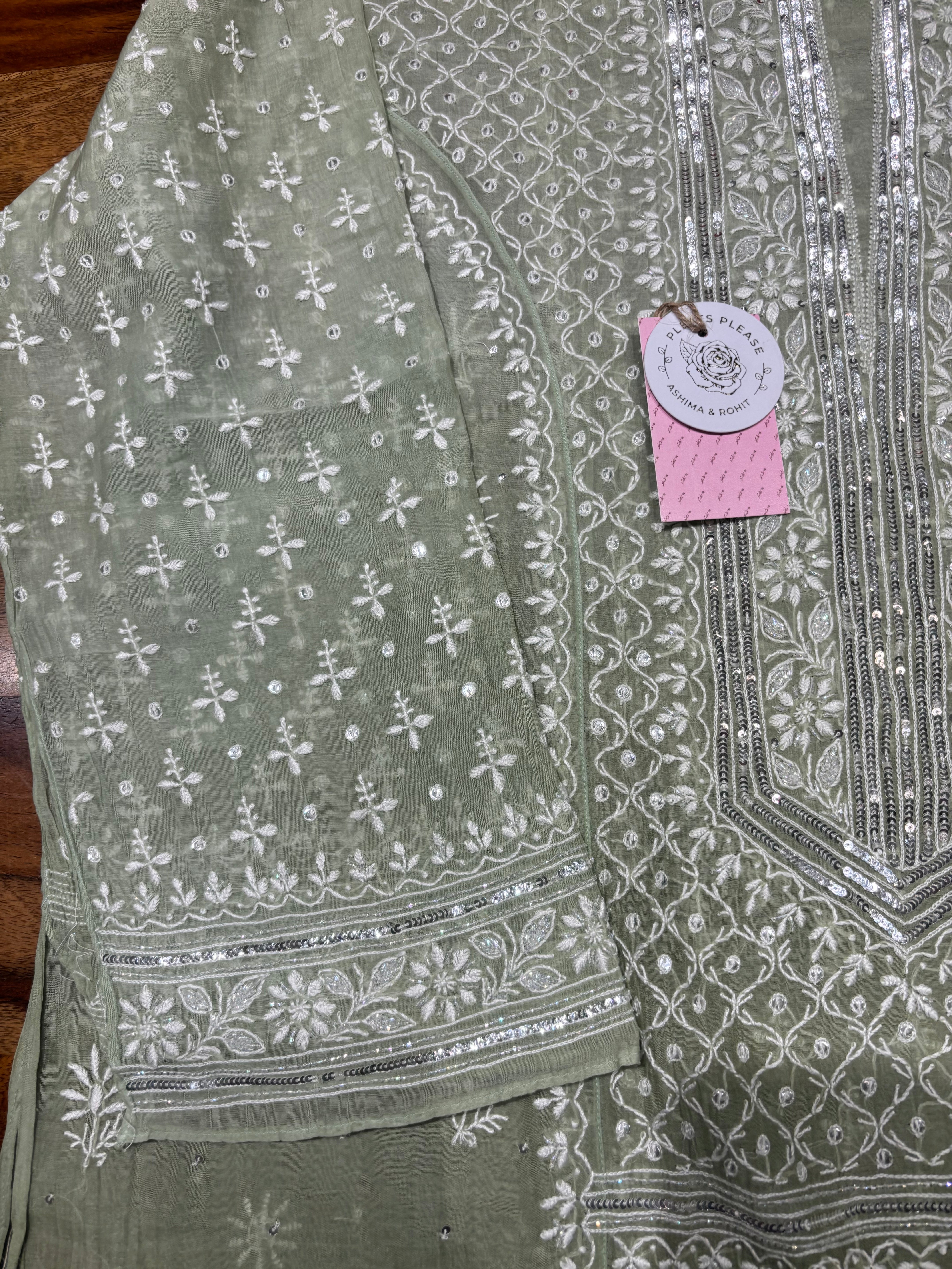 Green Ombre Chanderi Mul Chikankari kurta and Dupatta Set