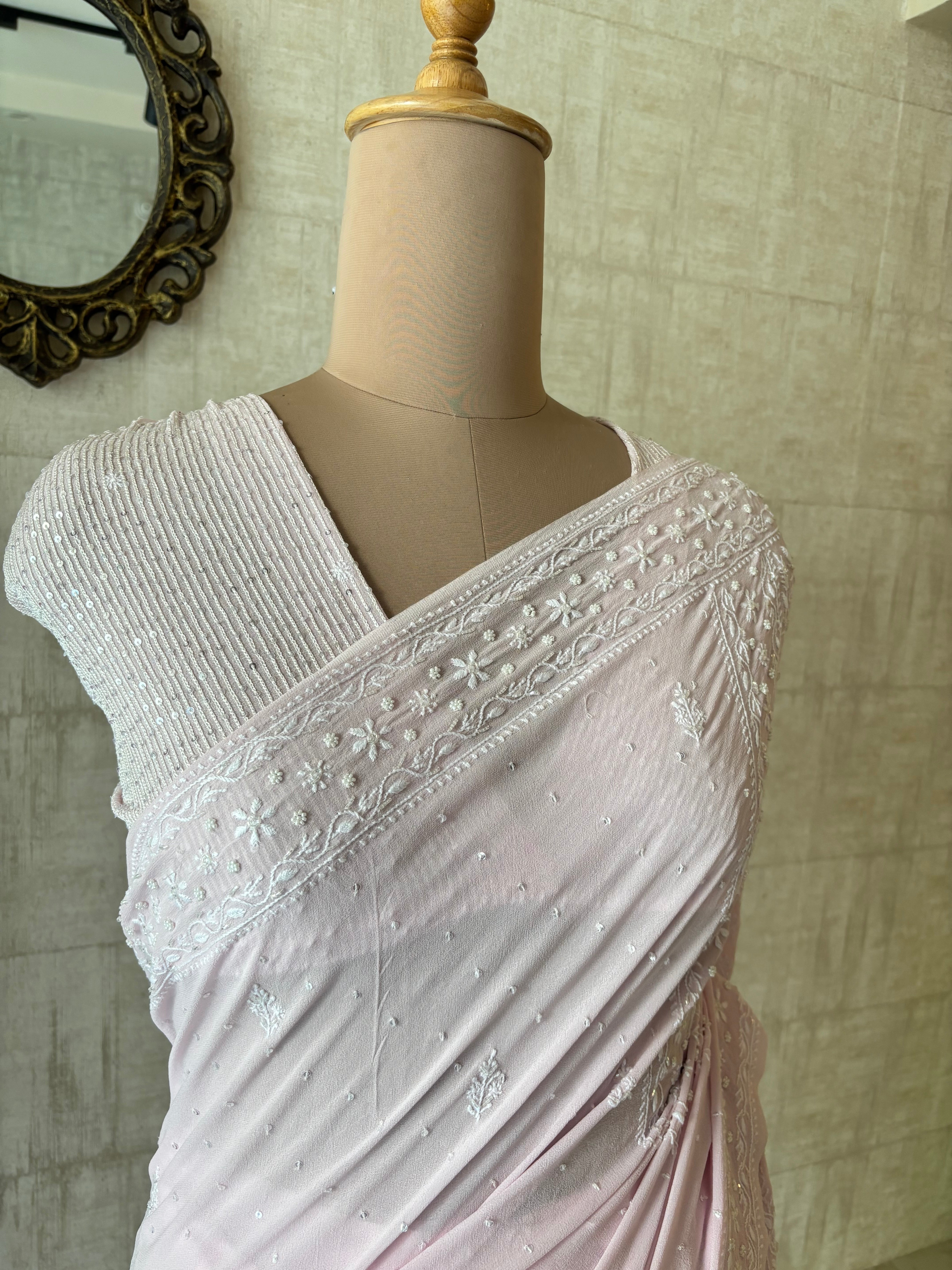 Pink Pure & Premium Georgette Chikankari Saree & Blouse