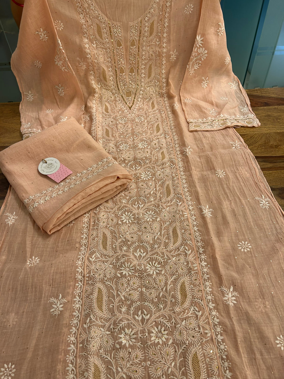 Peach Chanderi Chikankari Mukaish Kurta & Dupatta