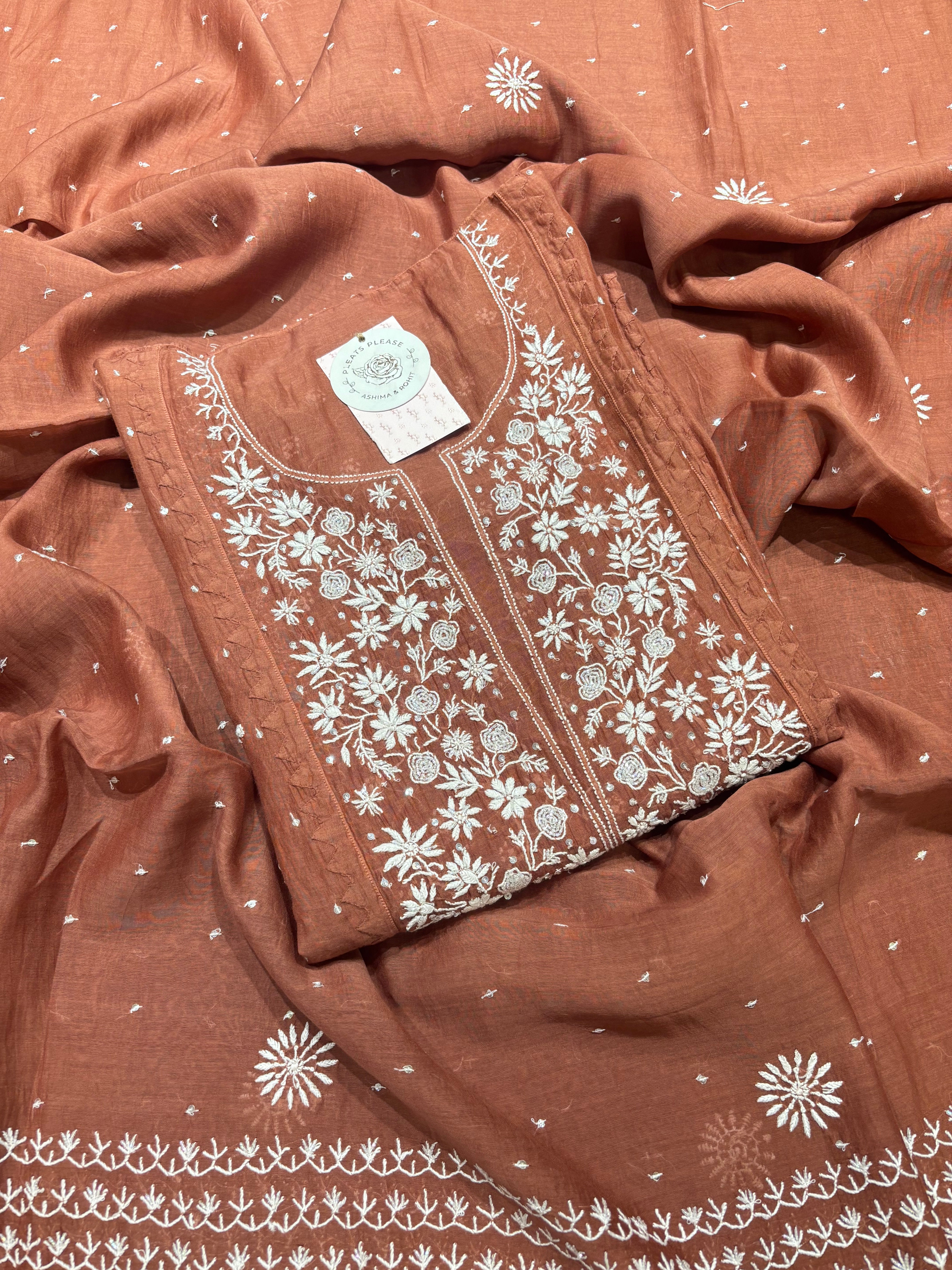 Brown Chanderi Mul Chikankari Kurta & Dupatta Set