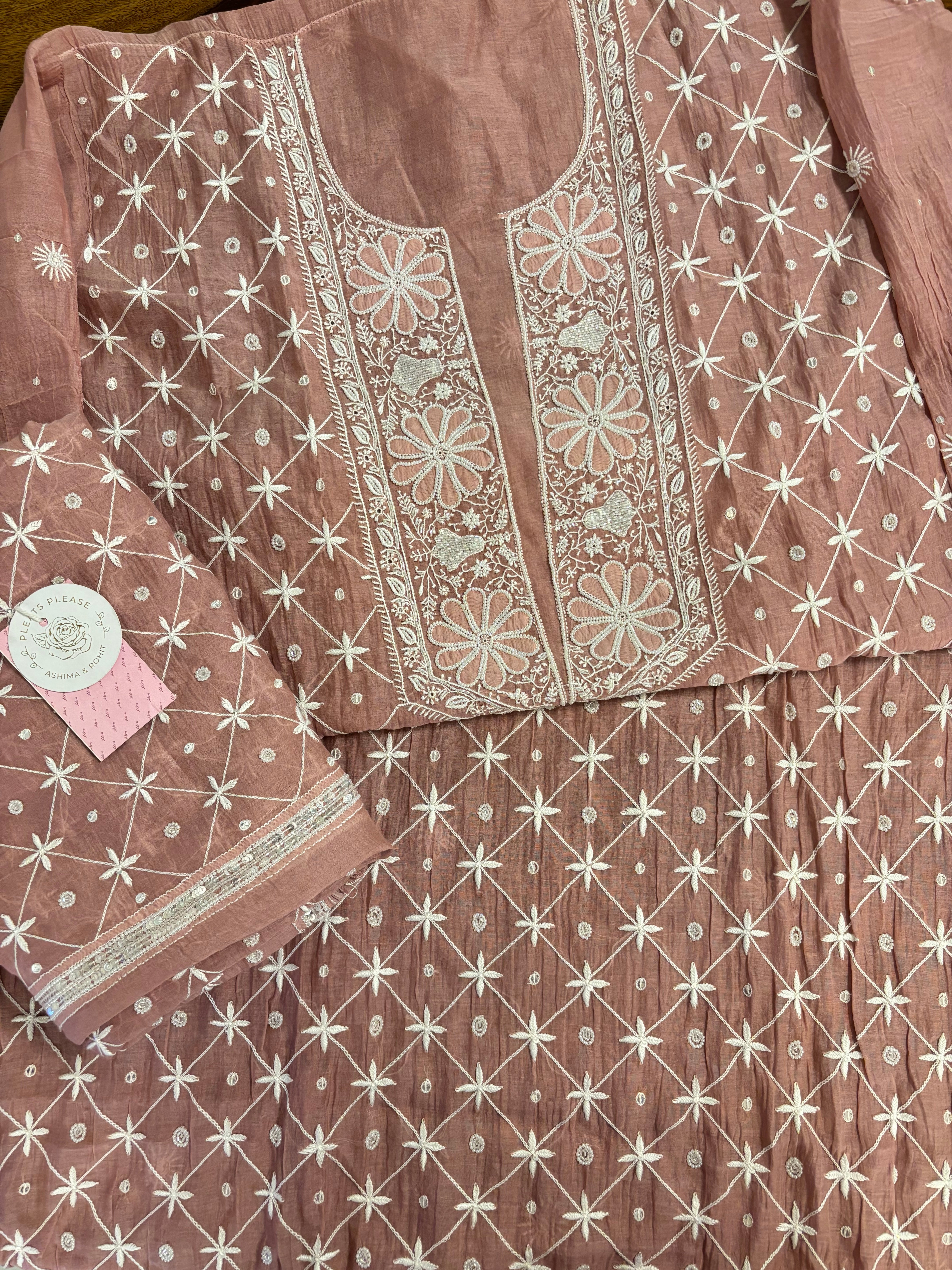 Dusty Peach Chanderi Mul Chikankari Kurta & Heavy Dupatta