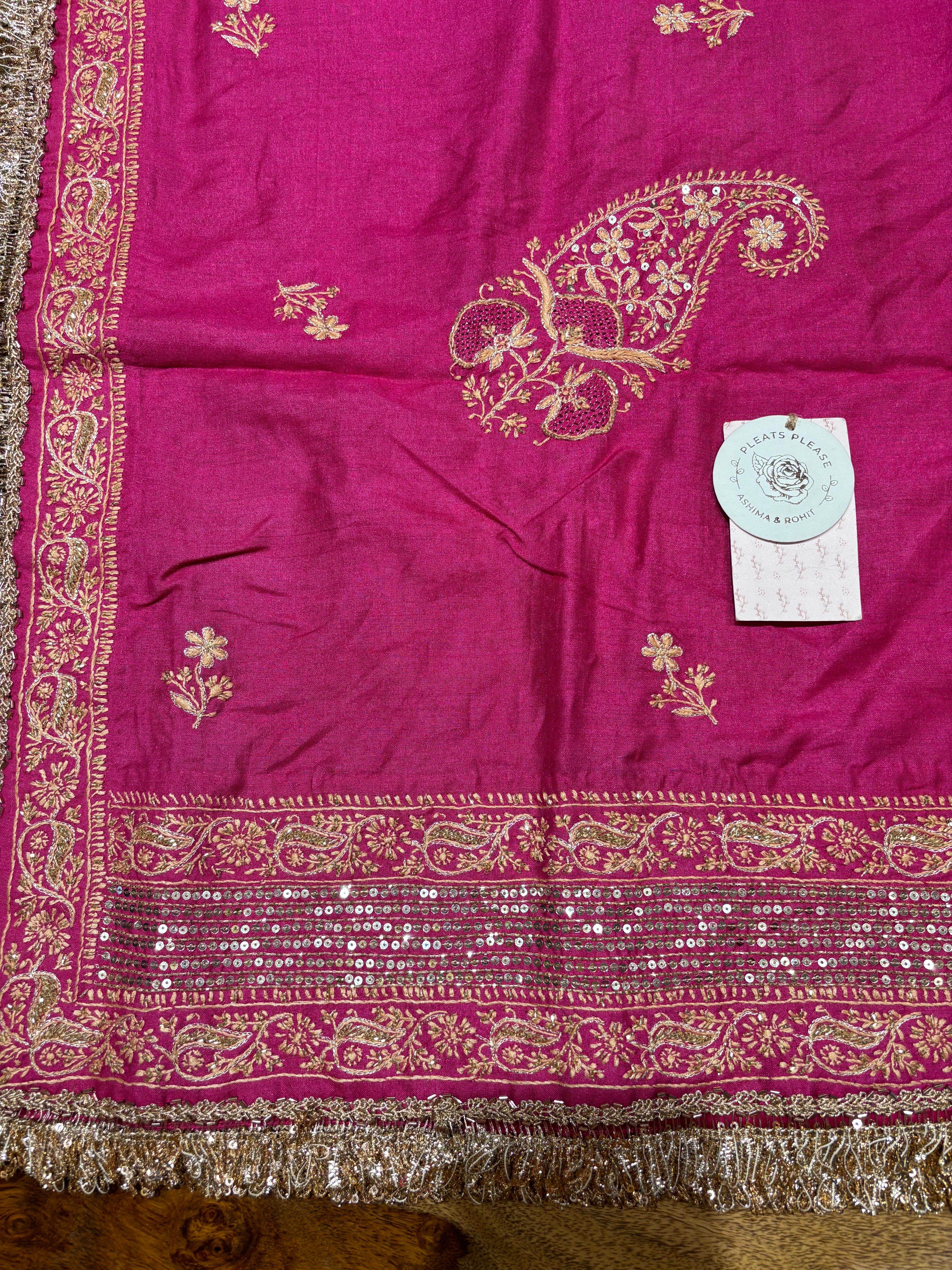 Fuschia Pink Monga Silk Chikankari A-Line Anarkali & Dupatta Set