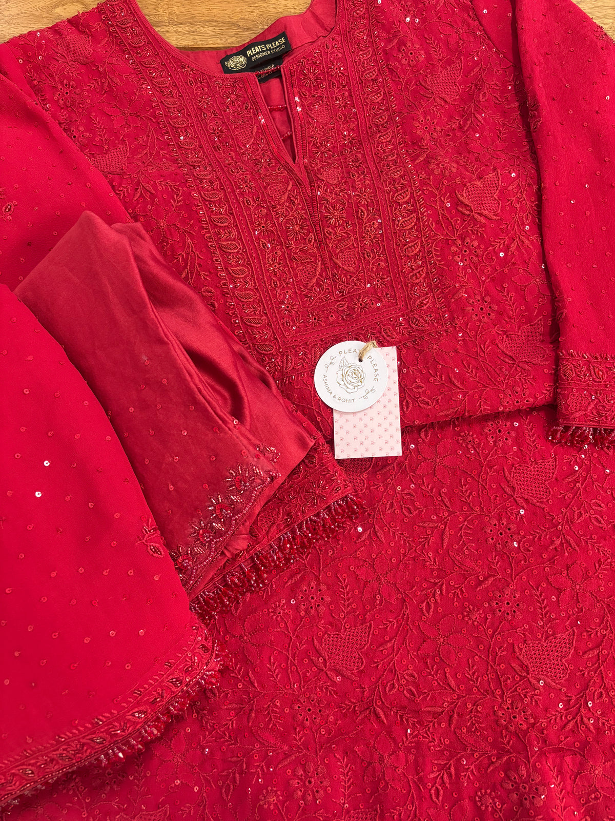 Deep Red Pure & Premium Georgette Chikankari Kurta, Dupatta With Bottom