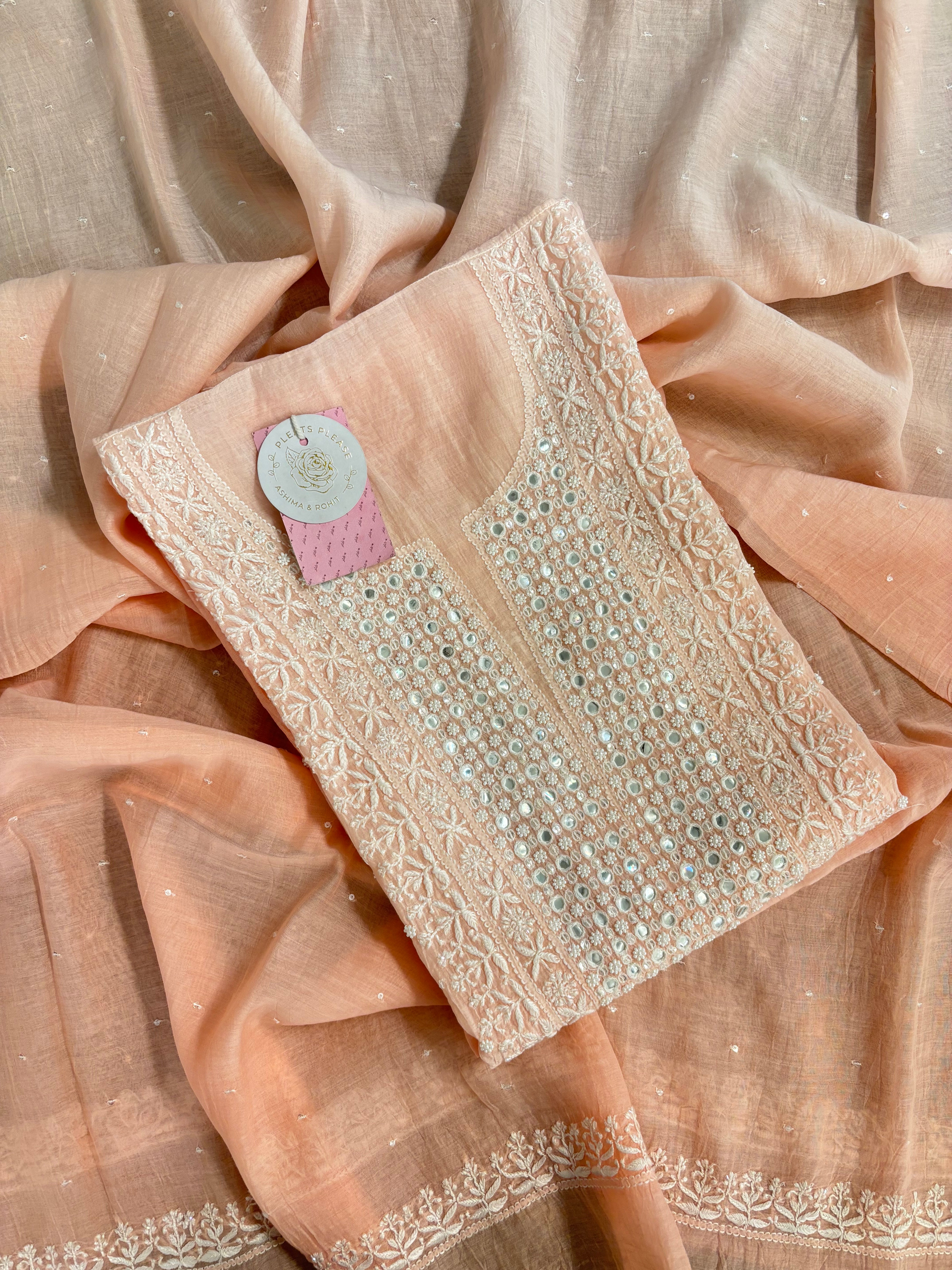 Pastel Peach Pure Chanderi Ombre Chikankari Kurta & Dupatta Set