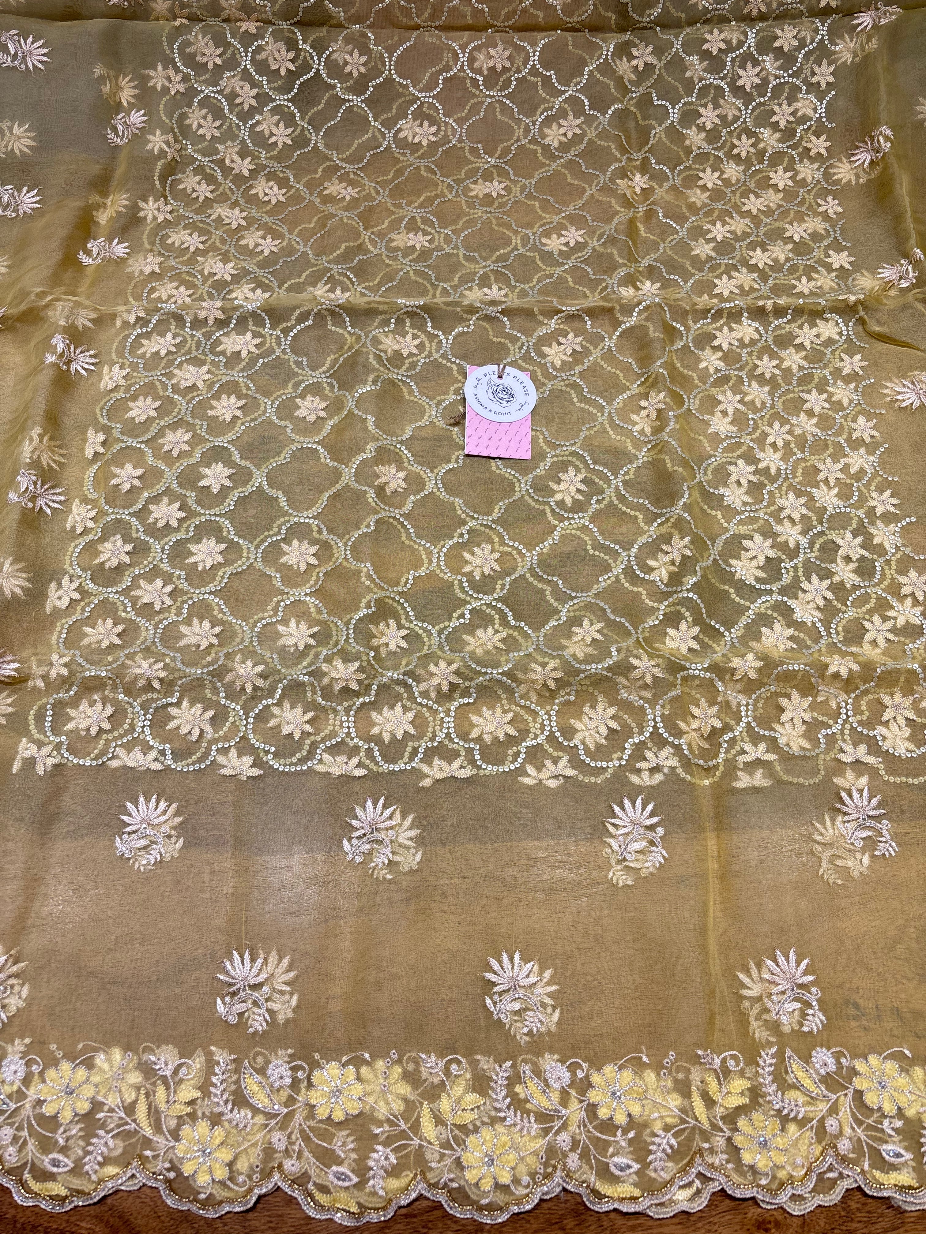 Yellow Pure & Premium Organza Silk Chikankari Kurta & Dupatta Fabric