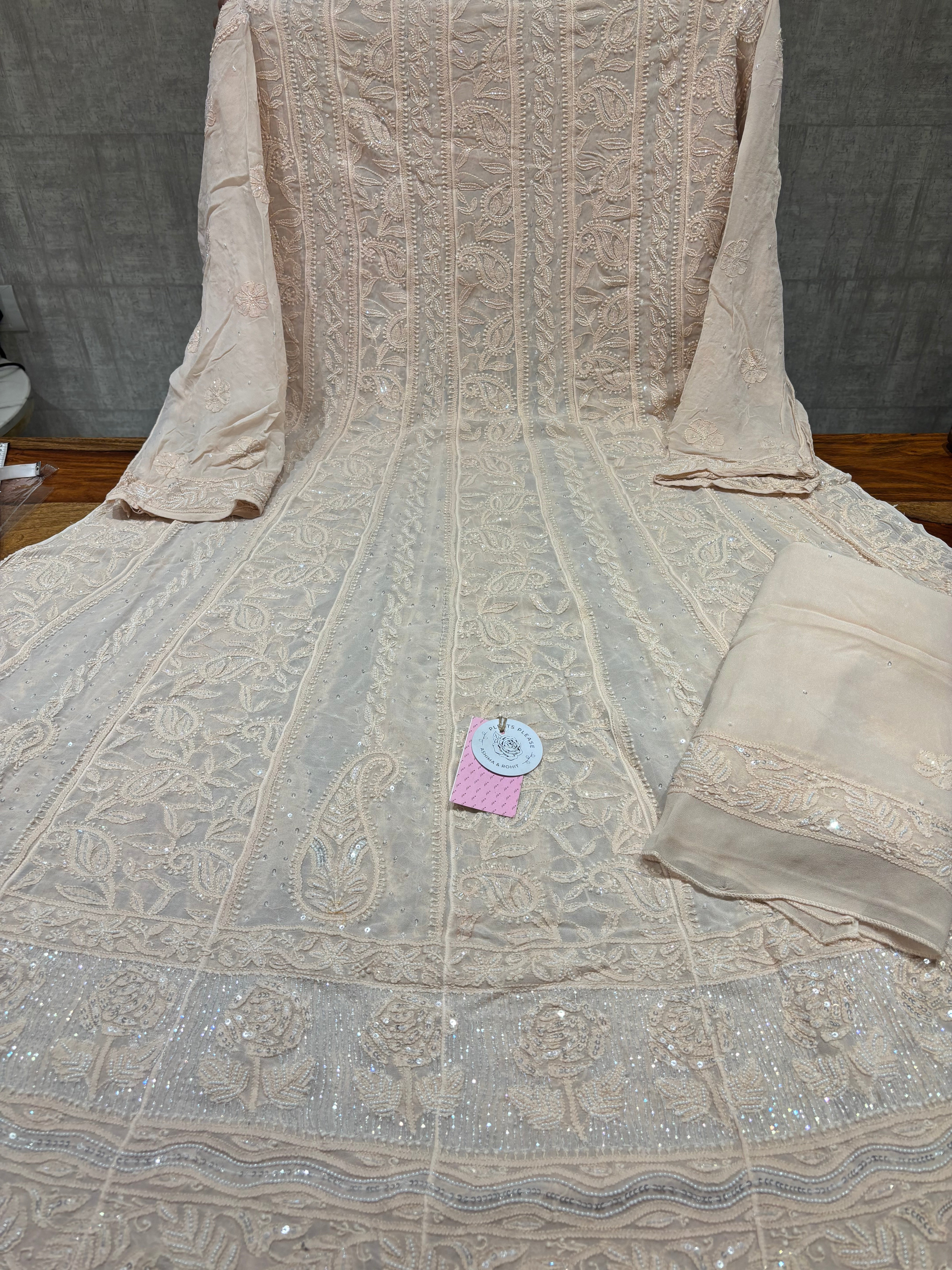 Dusty Peach Georgette Chikankari Anarkali & Dupatta Set