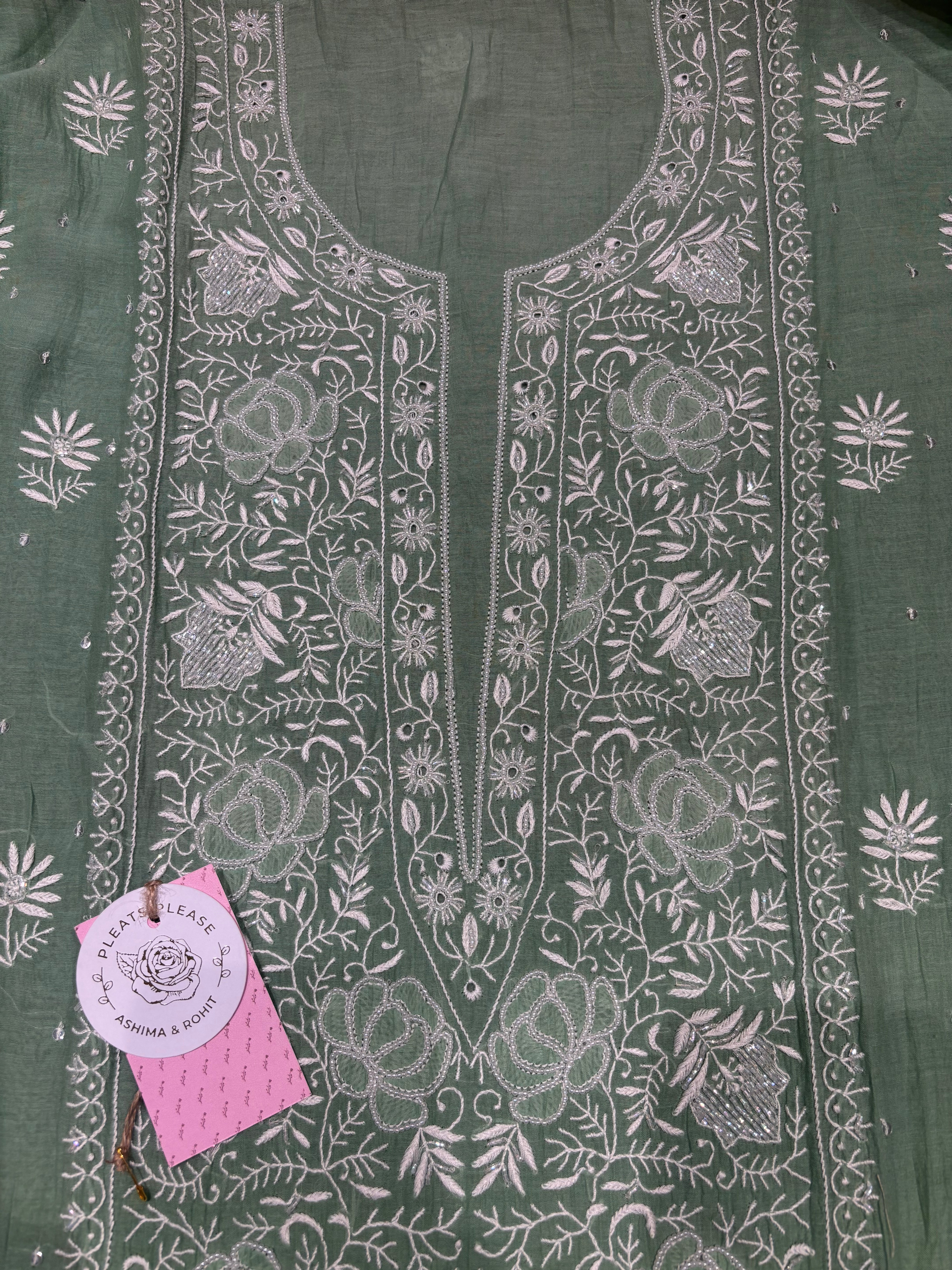 Mint Green Chanderi Mul Chikankari Kurta & Dupatta Set