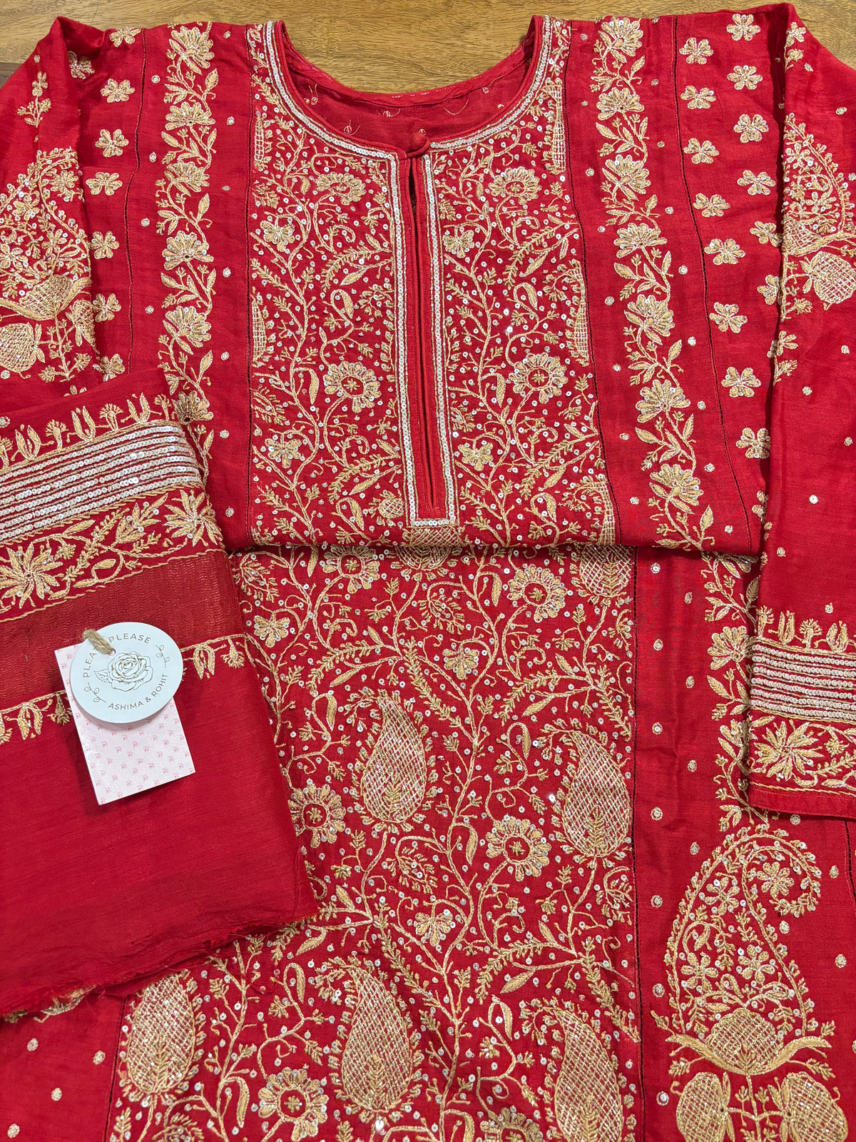 Crimson Red Monga Silk Chikankari Kurta & Dupatta