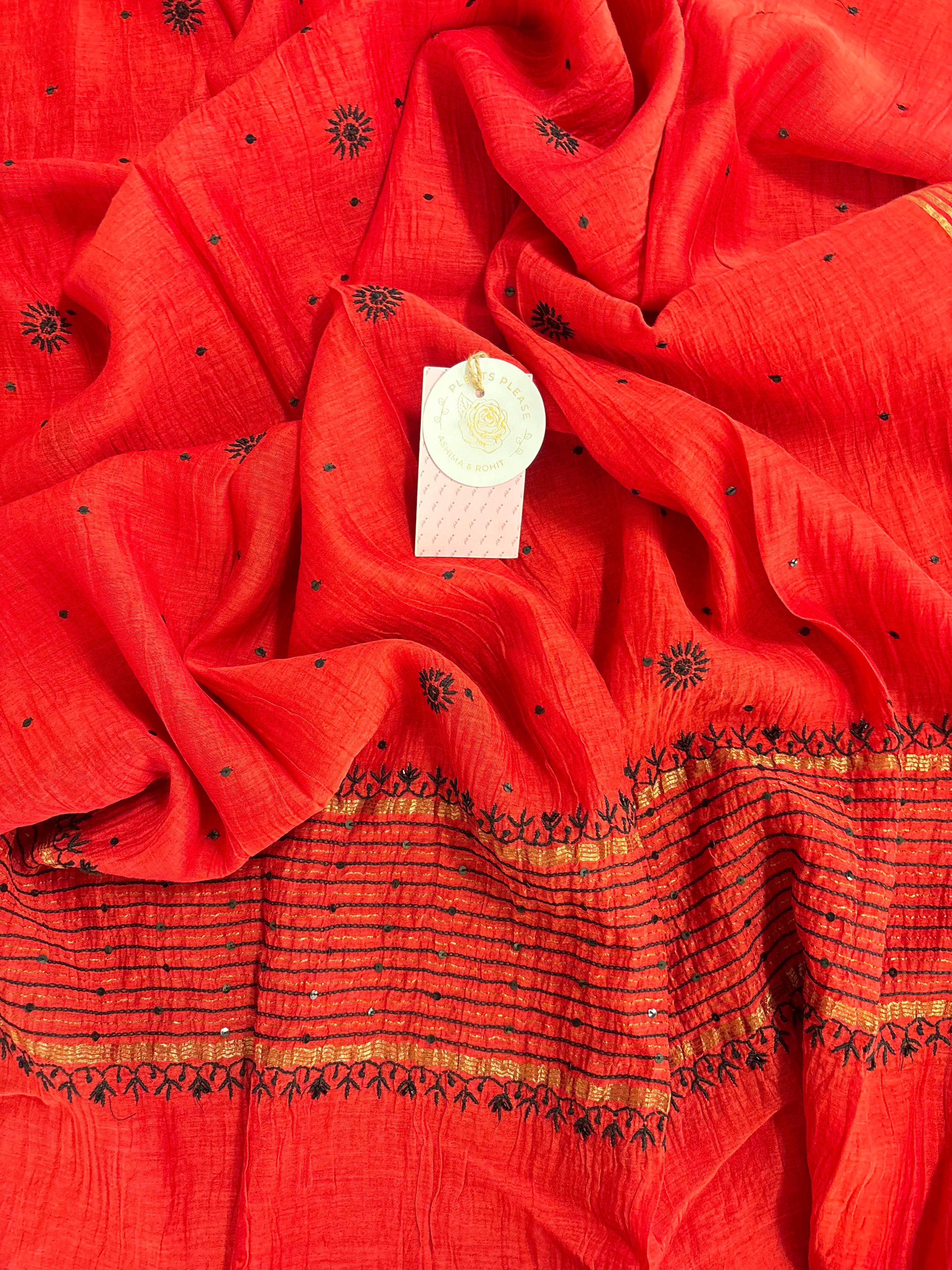 Red Chanderi Chikankari Kurta & Dupatta
