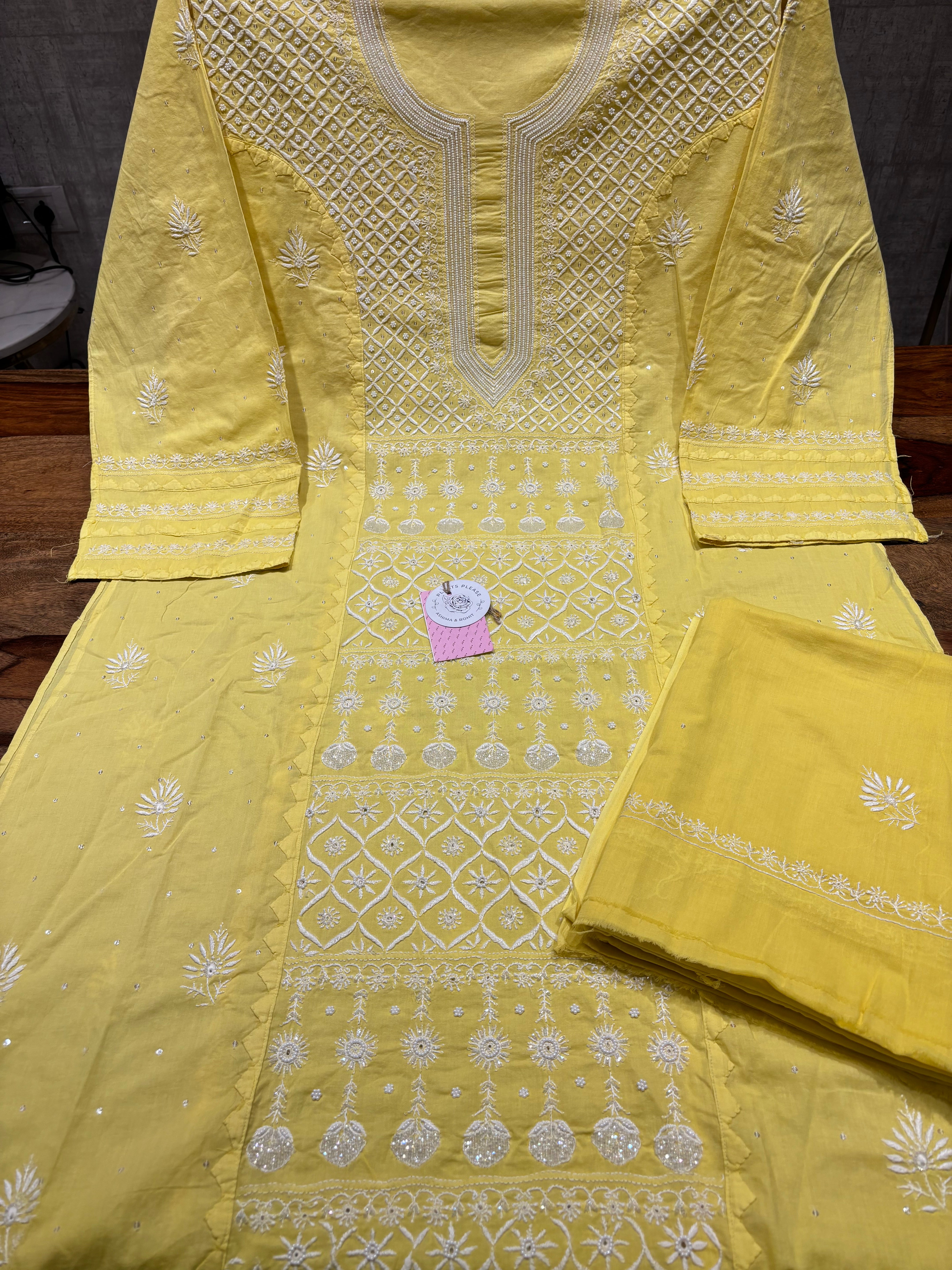 Yellow Mulmul Chikankari Kurta & Dupatta Set