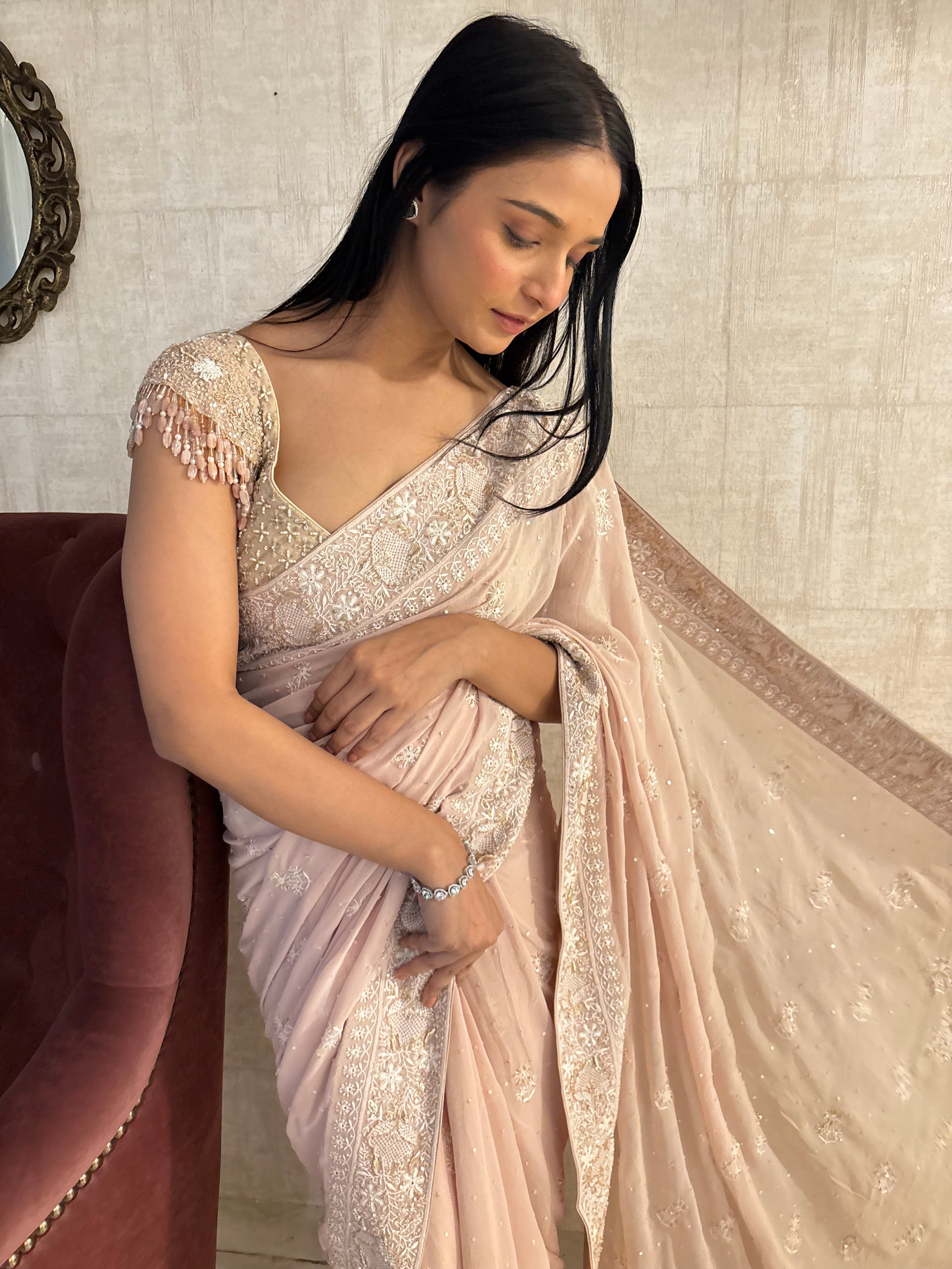 Peach Pure & Premium Georgette Chikankari Saree & Blouse
