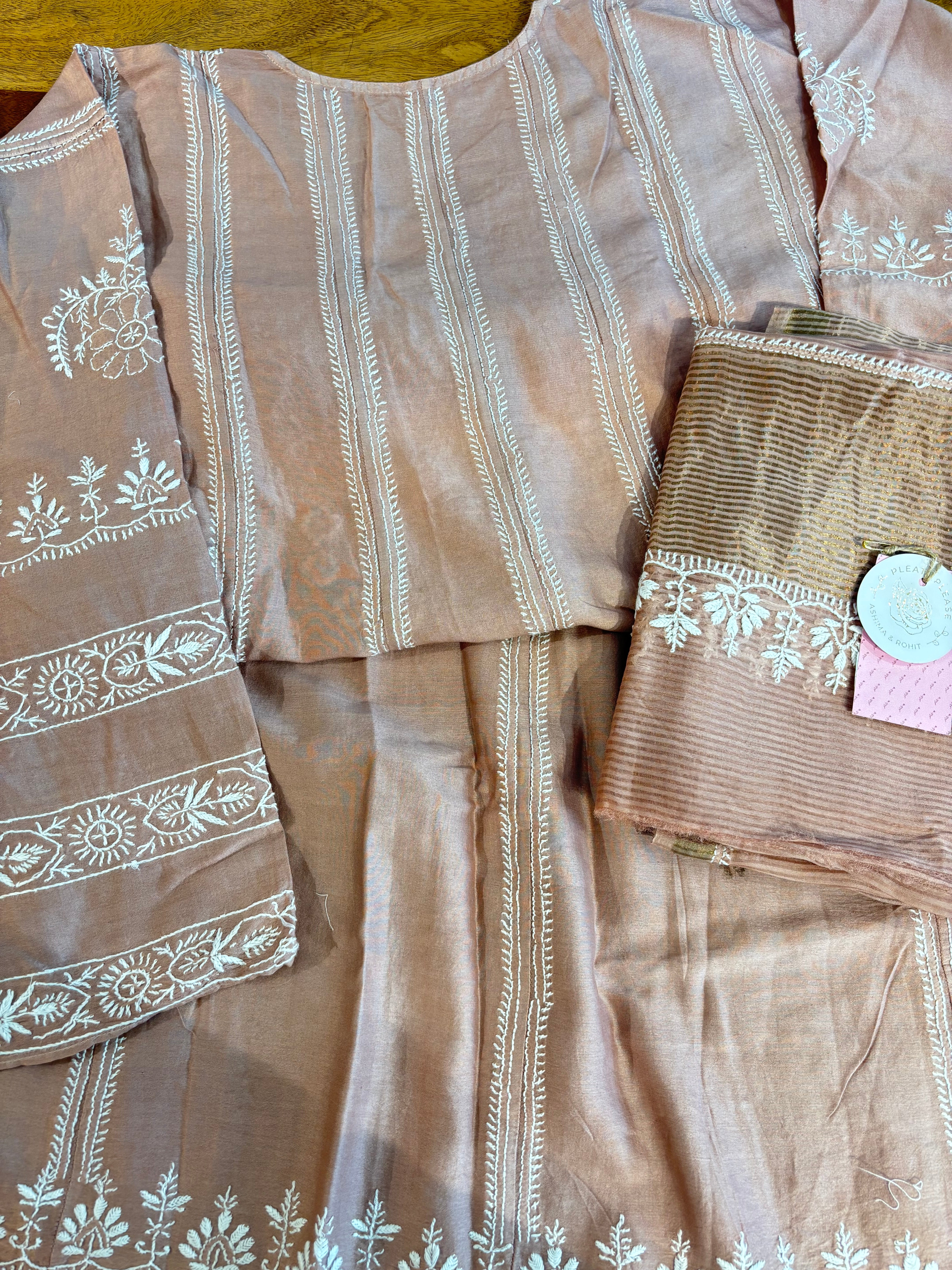 Dusty Peach Chanderi Chikankari Anarkali & Dupatta Set