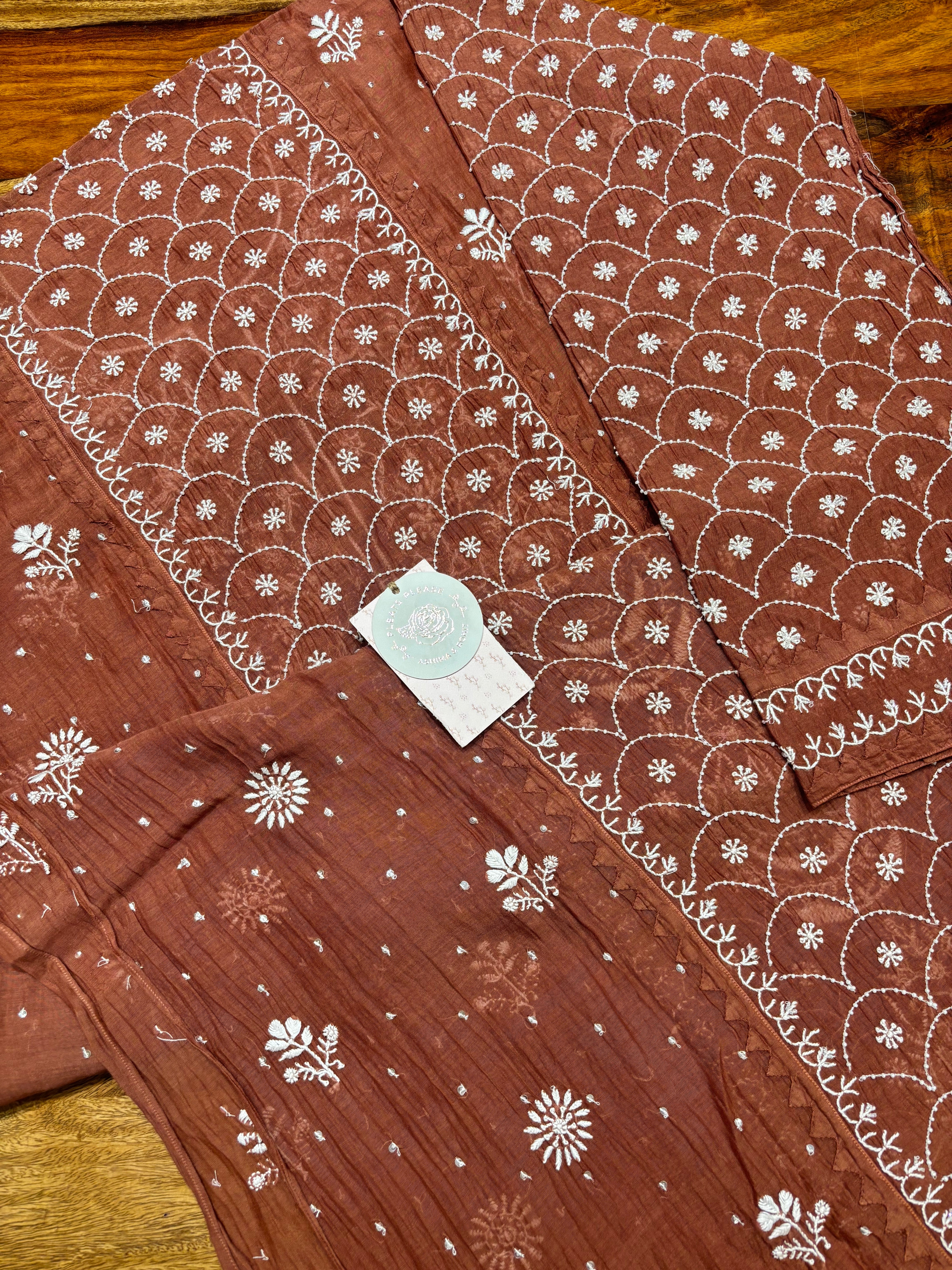 Brown Chanderi Mul Chikankari Kurta & Dupatta Set