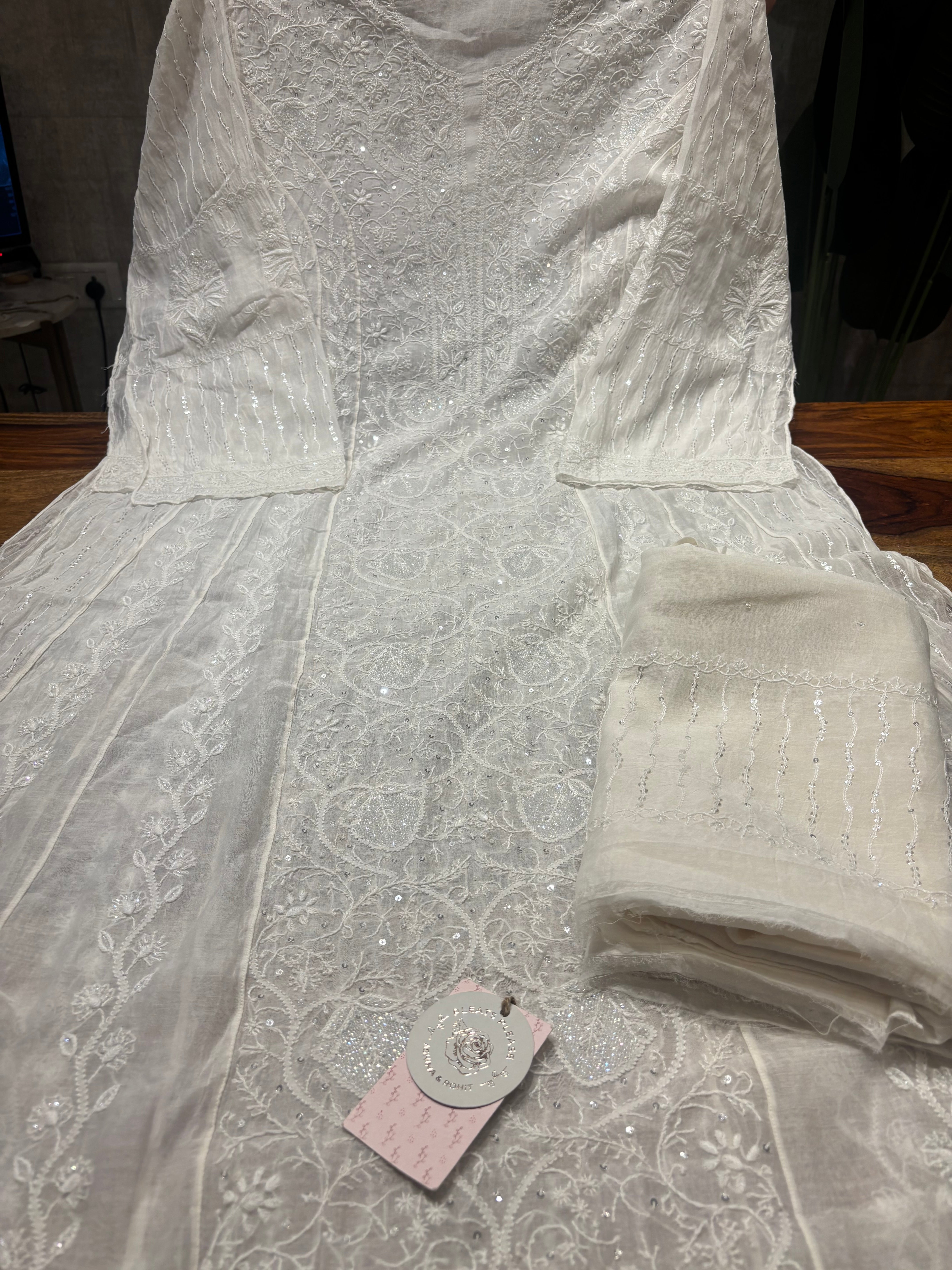 Dyeable Chanderi Mul Chikankari Anarkali and Dupatta set
