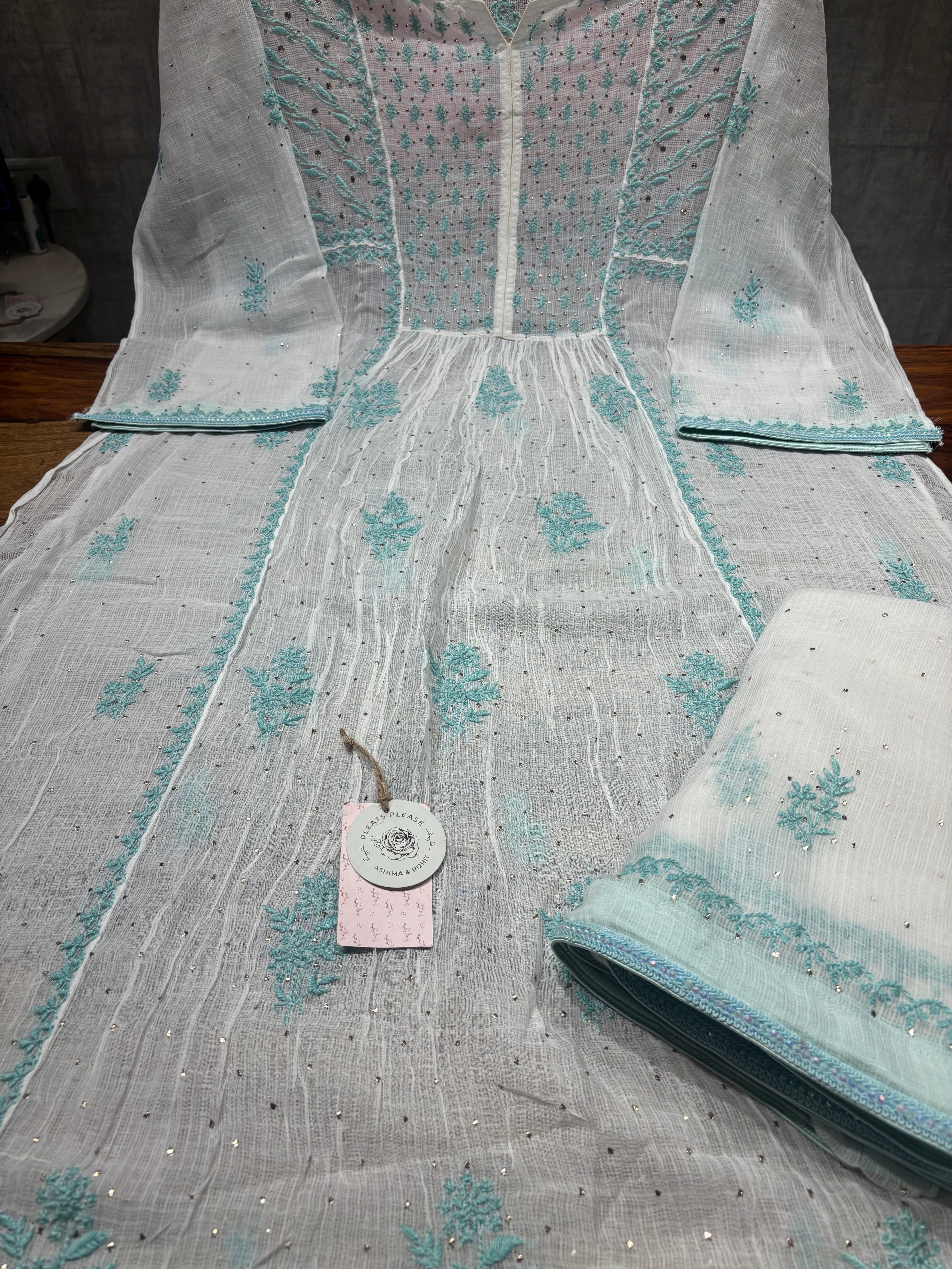 Dyeable Kota Doria Chikankari Kurta And Dupatta Set