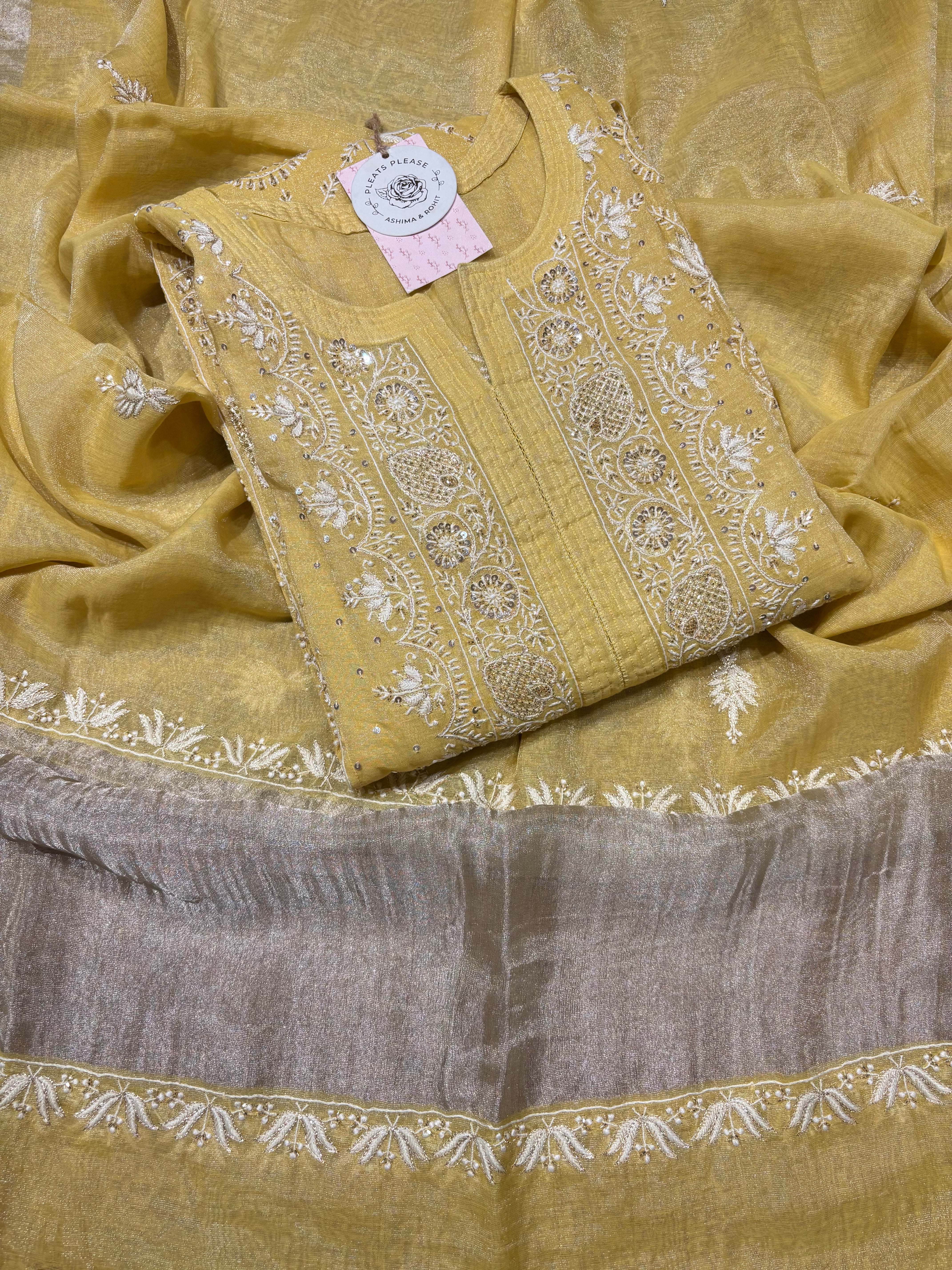 Yellow Pure Tissue Chikankari Kurta and Dupatta set