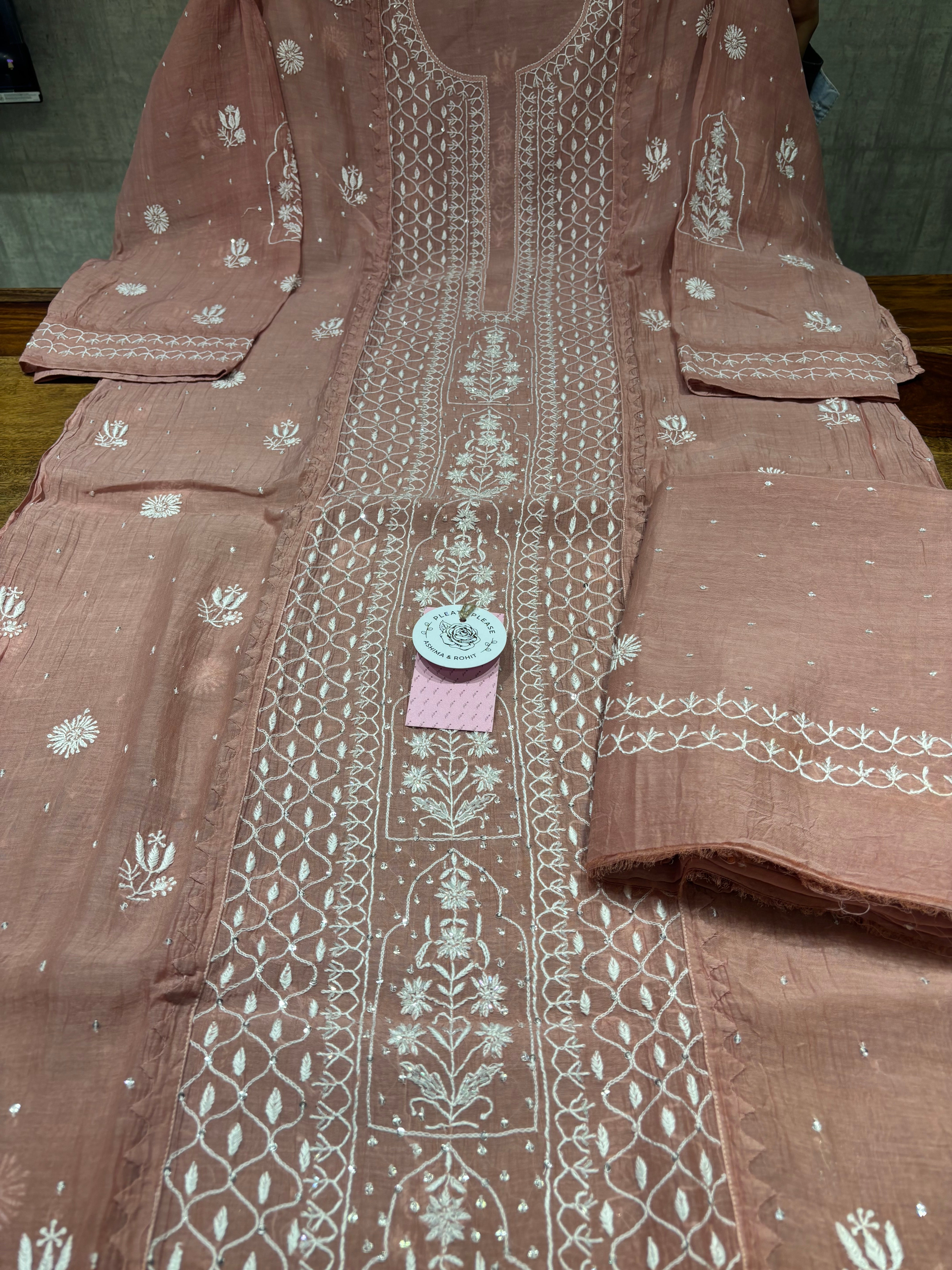 Rosegold Chanderi Mul Chikankari Kurta & Dupatta Set