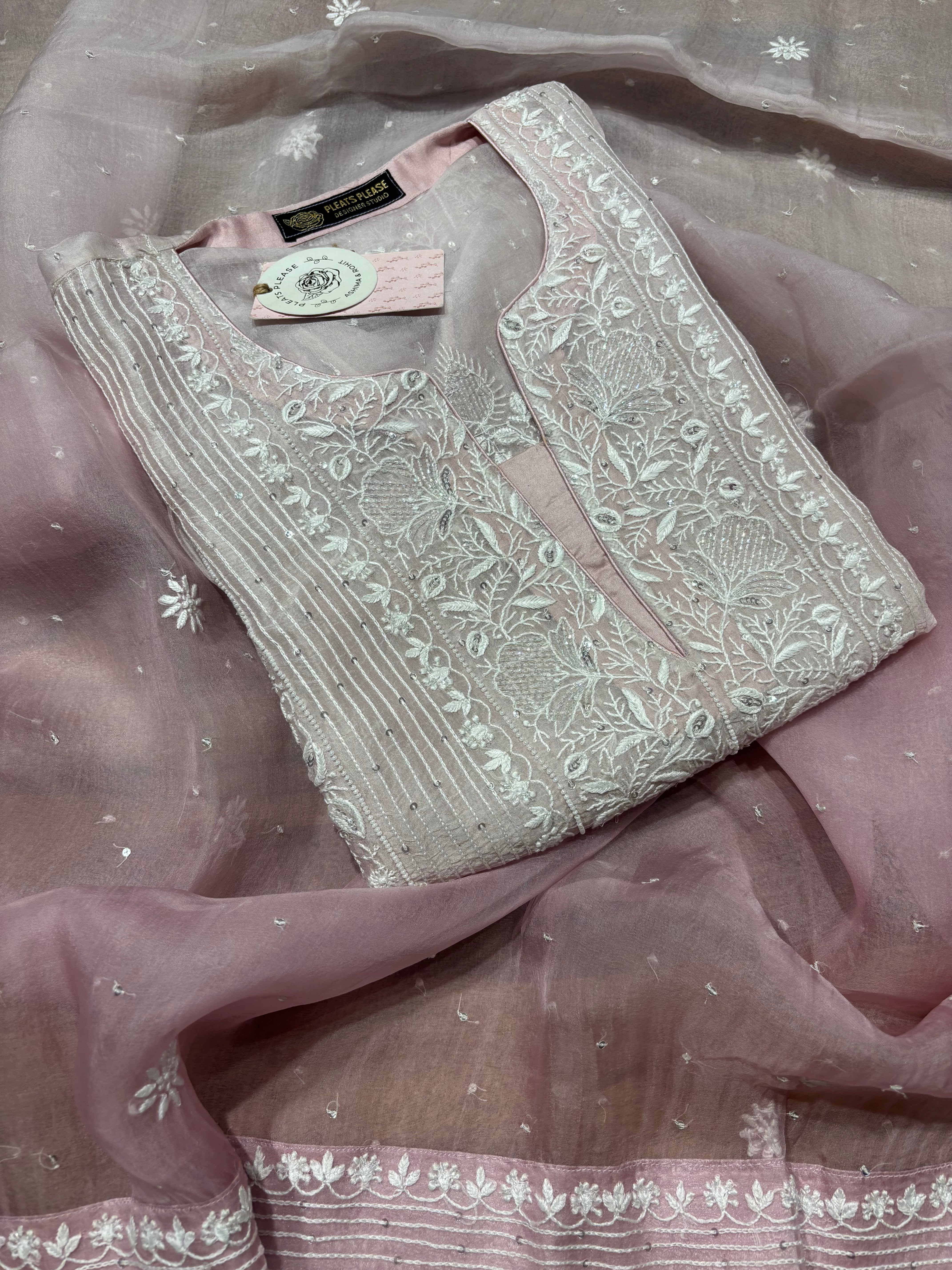 Pink Ombre Pure And Premium Organza Silk  Chikankari Kurta And Dupatta Set