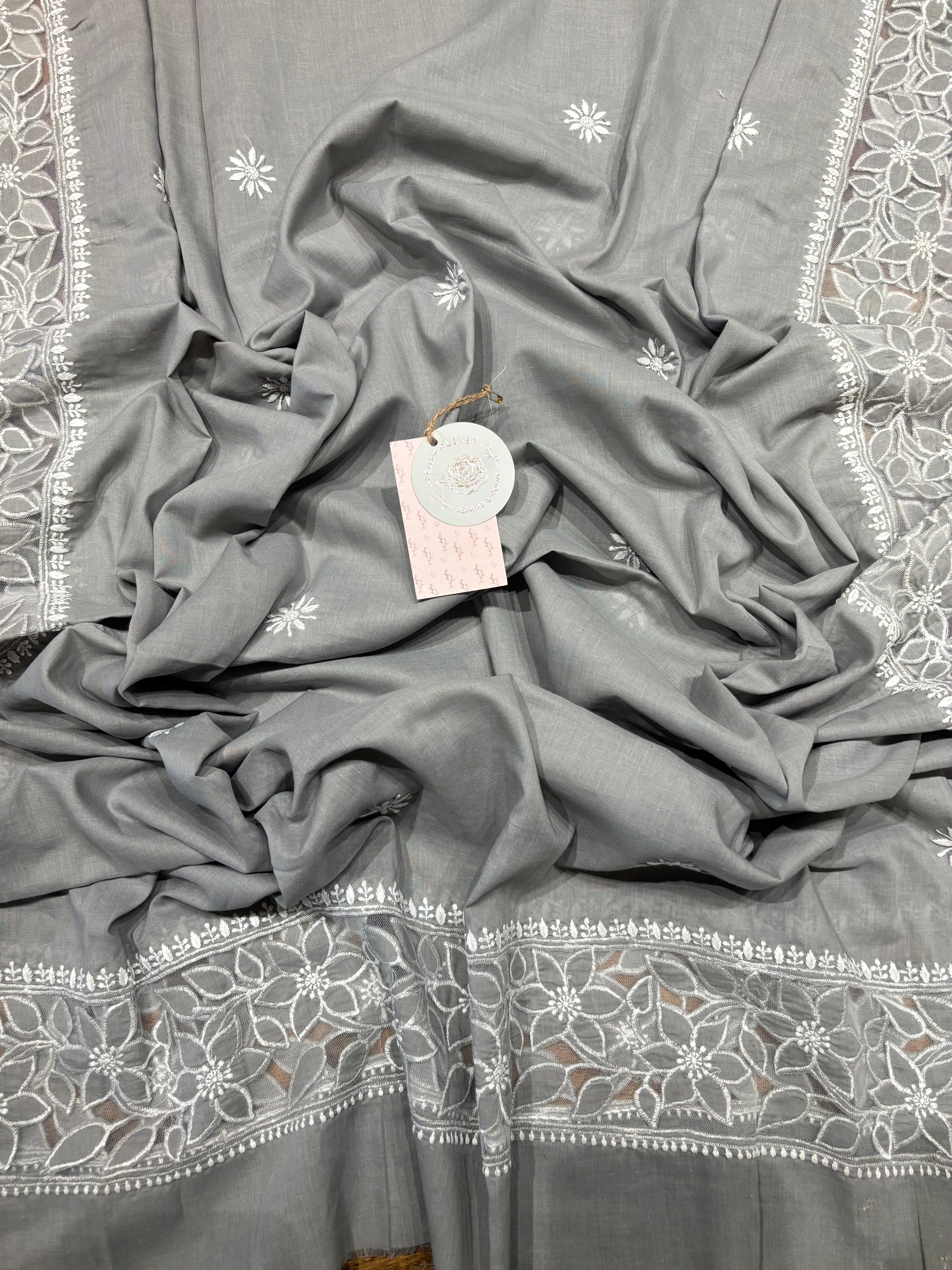 Gray Mul Soft Net Applique Chikankari Kurta and Dupatta Fabric