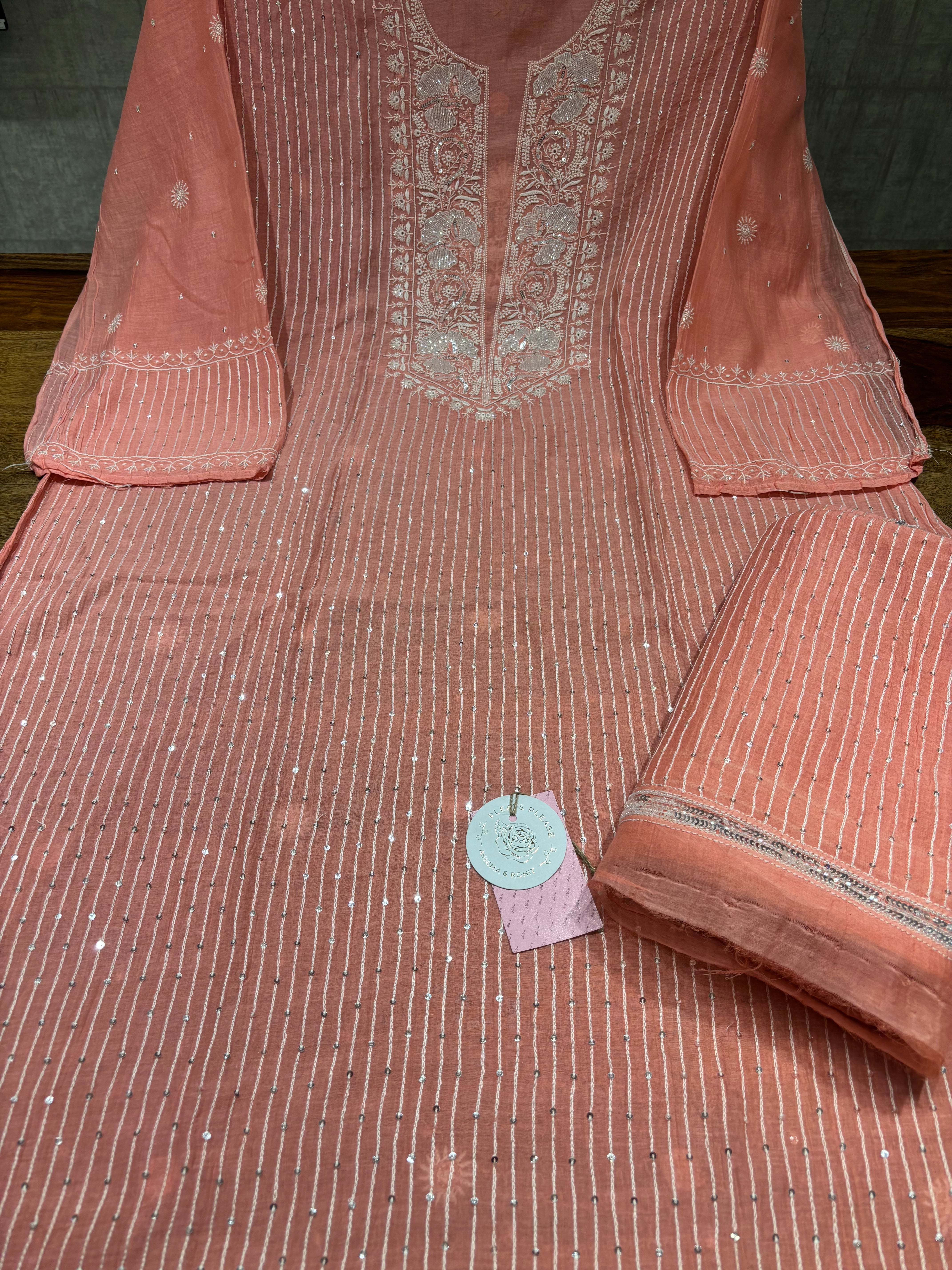 Coral Pink Chanderi Mul Chikankari Kurta & Dupatta Set