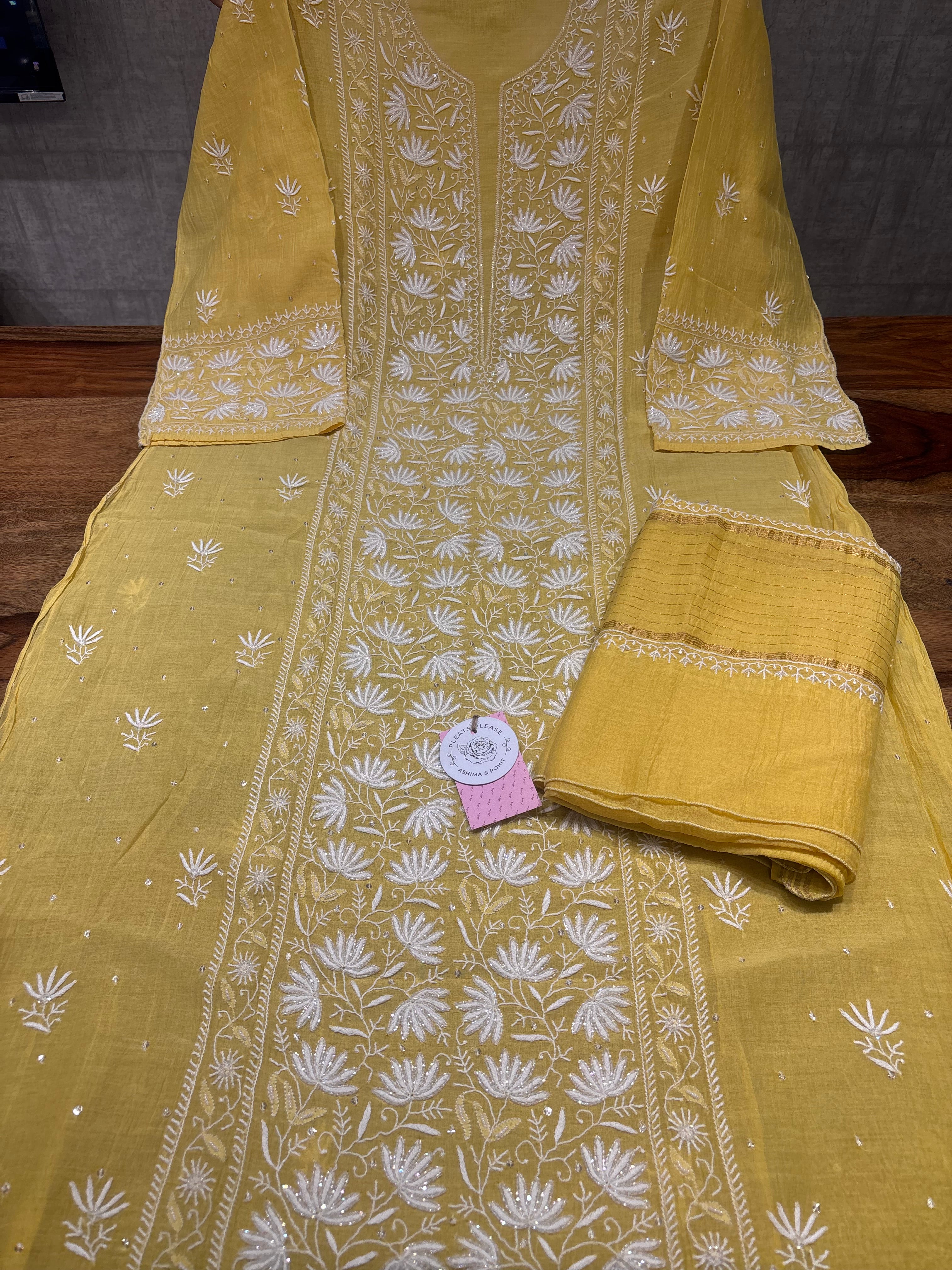Yellow Chanderi Mul Chikankari Kurta & Dupatta Set