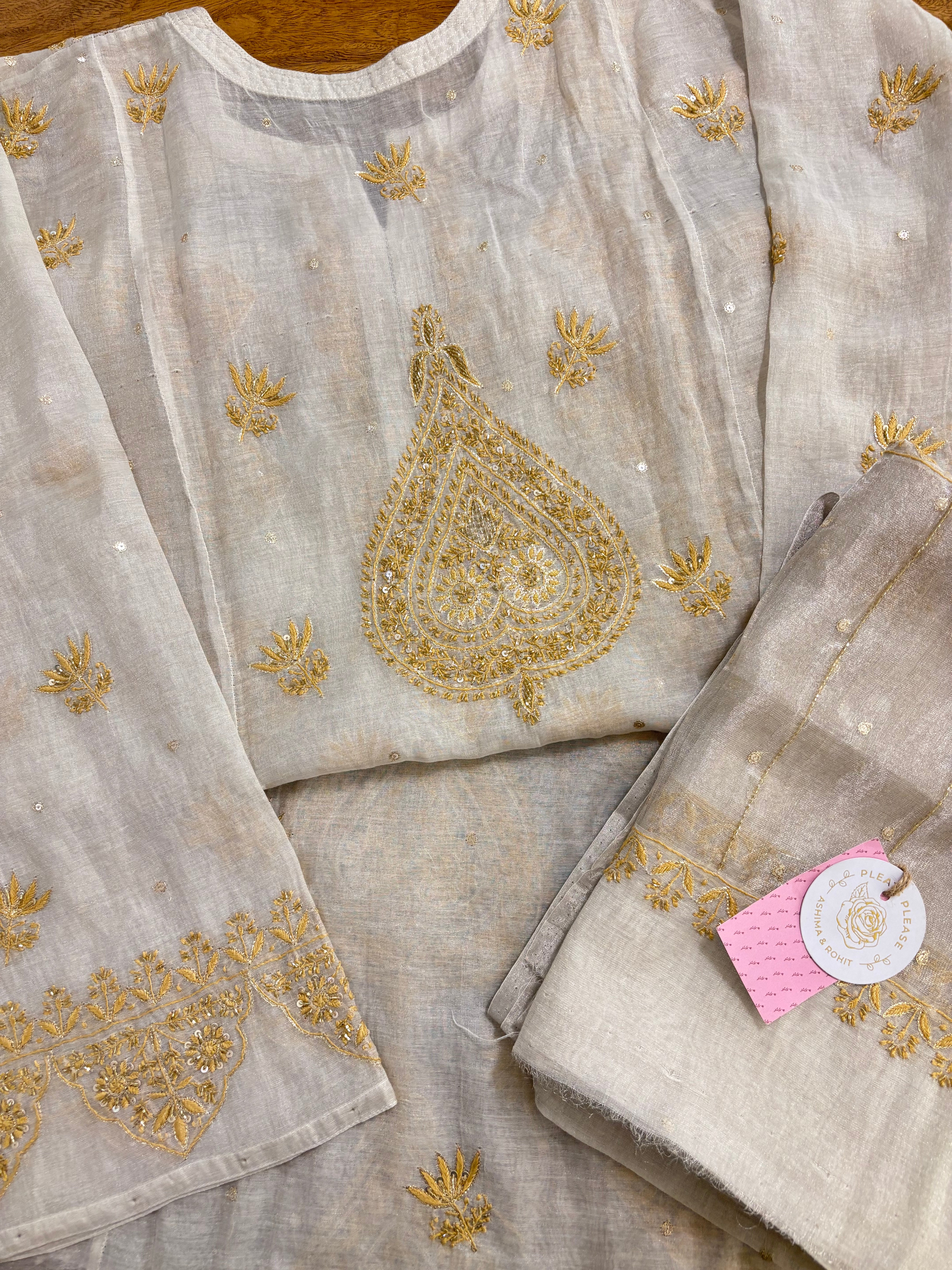 Dyeable Ivory Silver Pure & Premium Tissue Chikankari Kurta & Dupatta