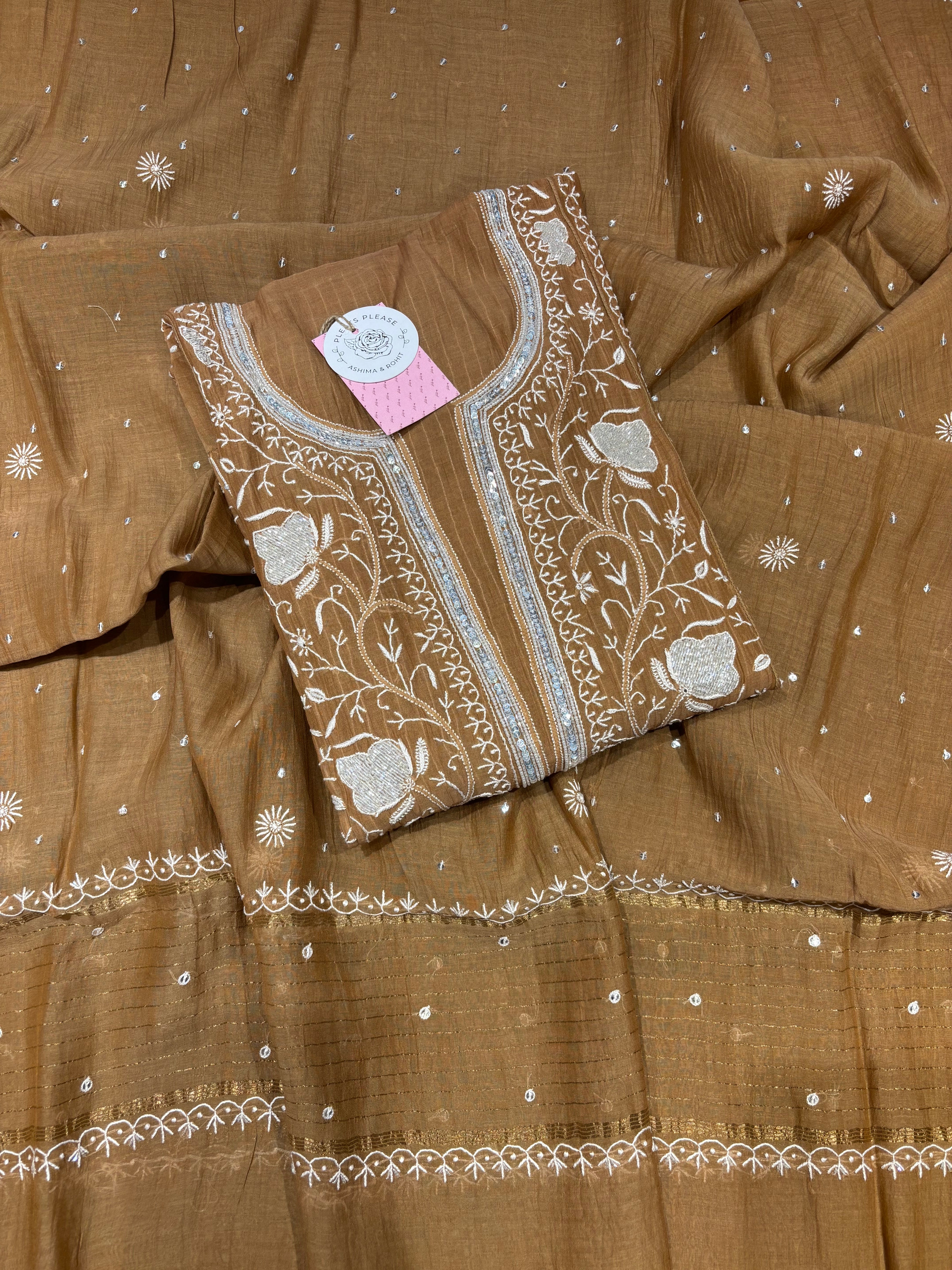 Chocolate Brown Chanderi Mul Chikankari Kurta & Dupatta Set