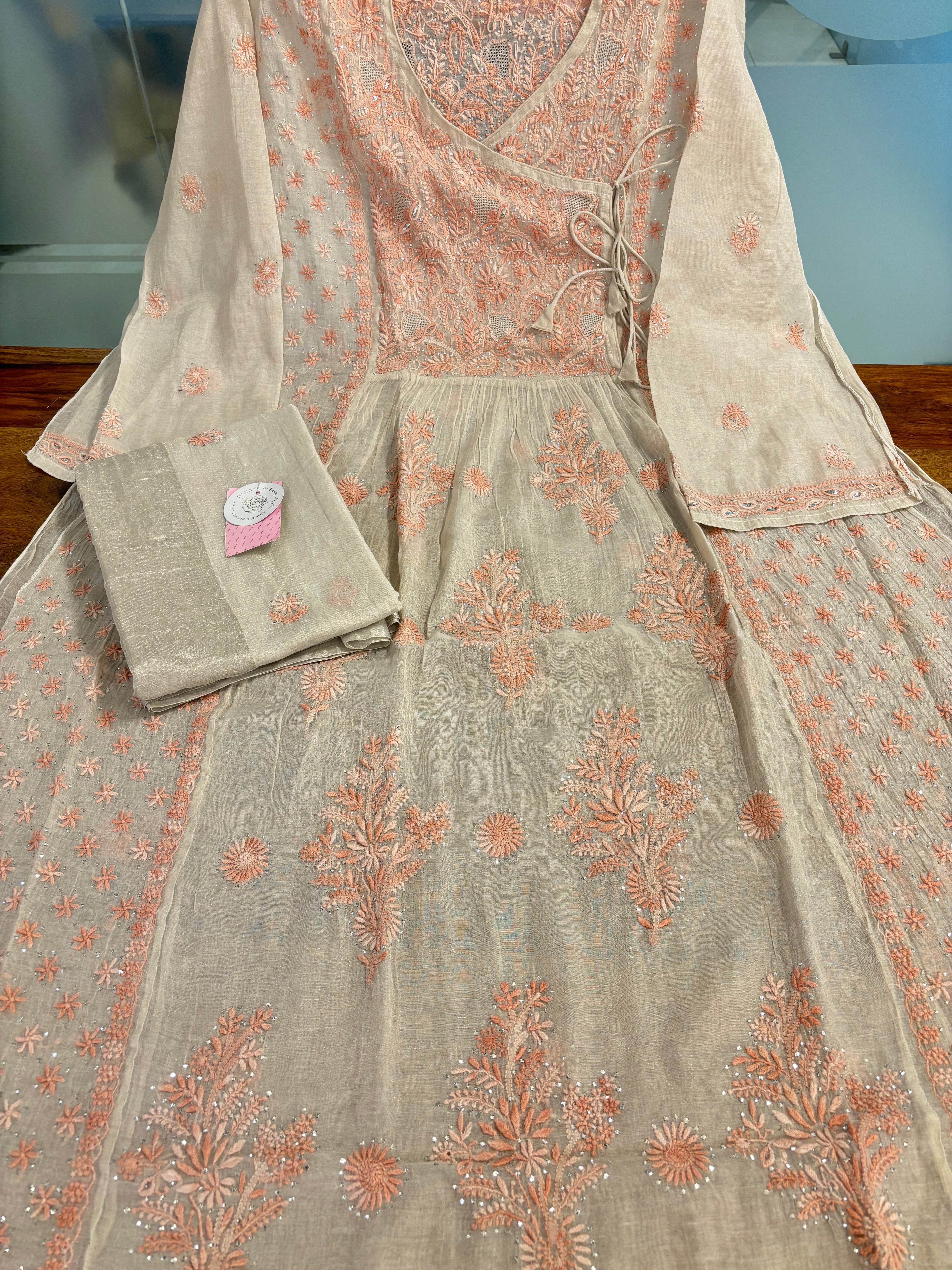 Dyeable Pure & Premium Silver Tissue Mukaish Chikankari Angrakha Kurta & Dupatta