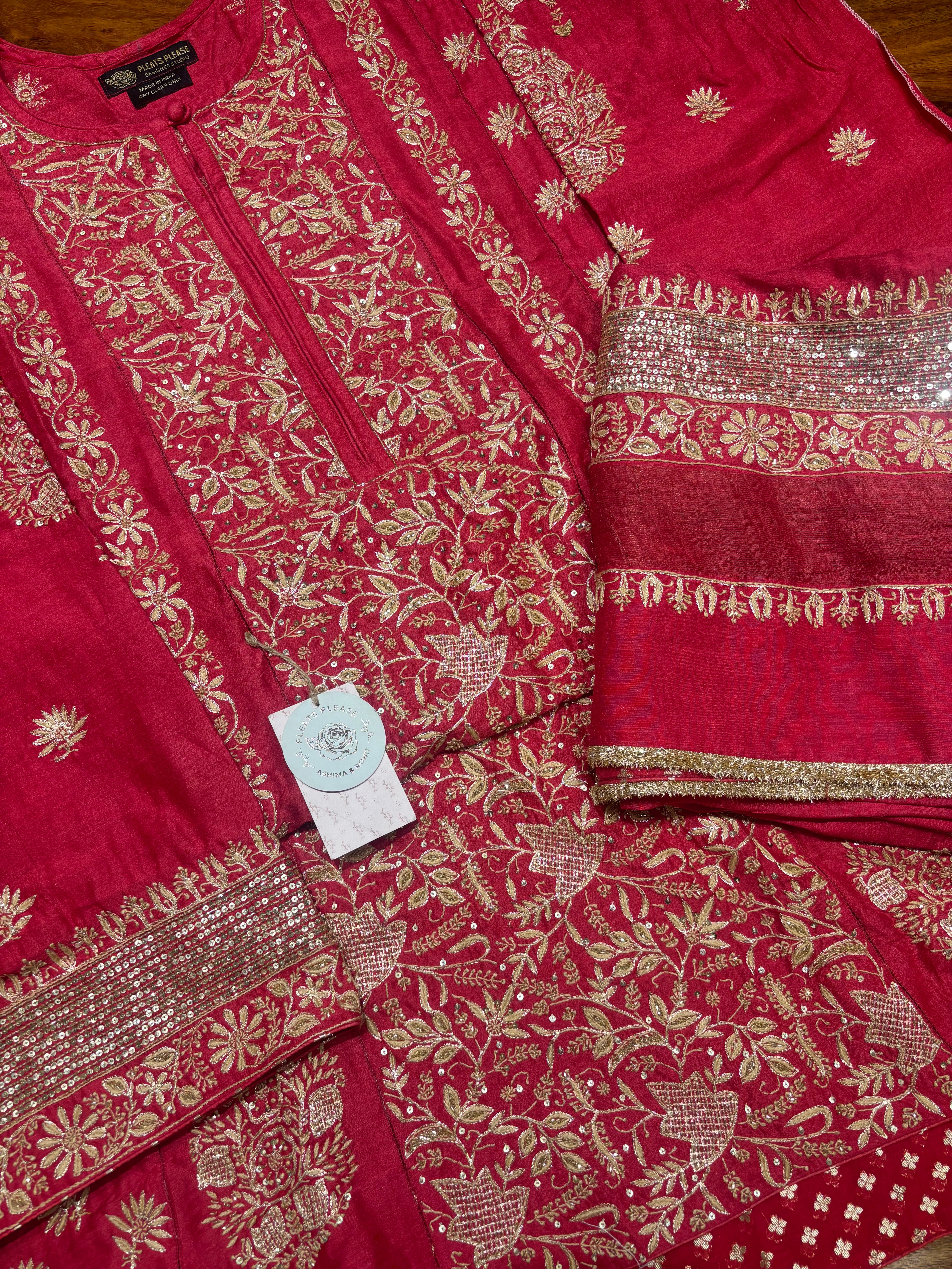 Red Monga Silk Chikankari A-line Anarkali & Dupatta Set