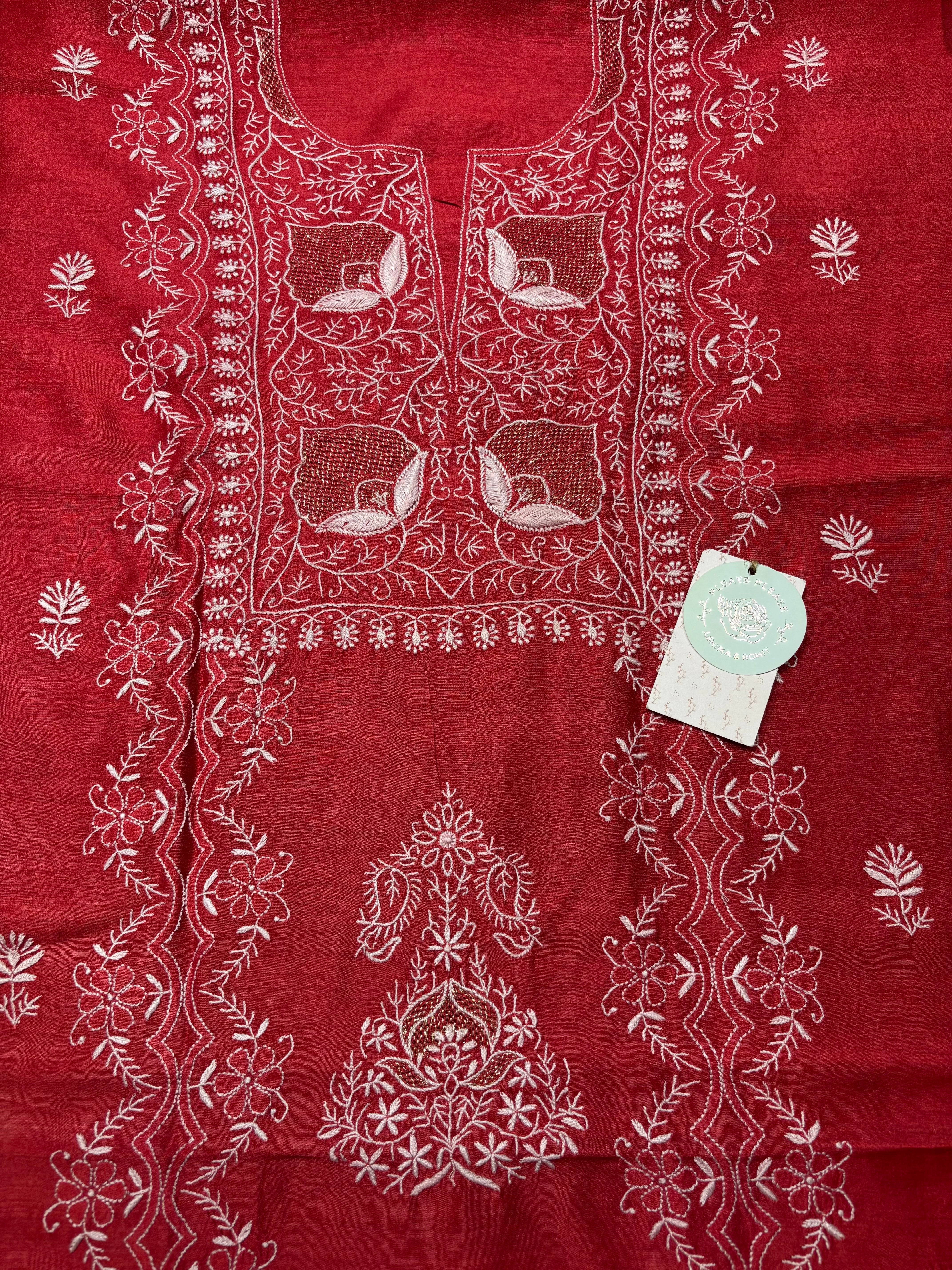 Crimson Red Monga Silk Chikankari Kurta And Dupatta Fabric