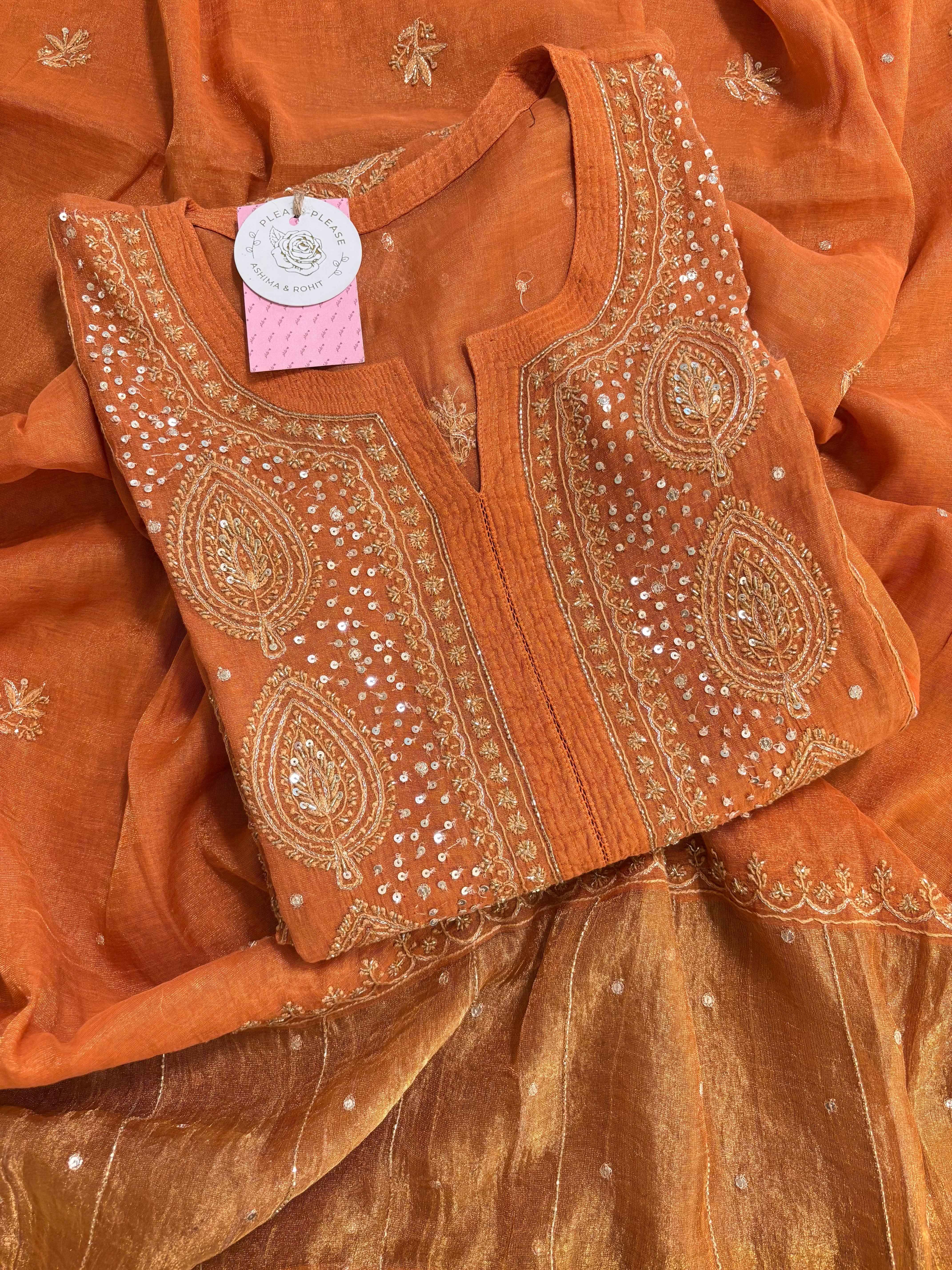 Burnt Orange Pure Tissue Chikankari Kurta & Dupatta