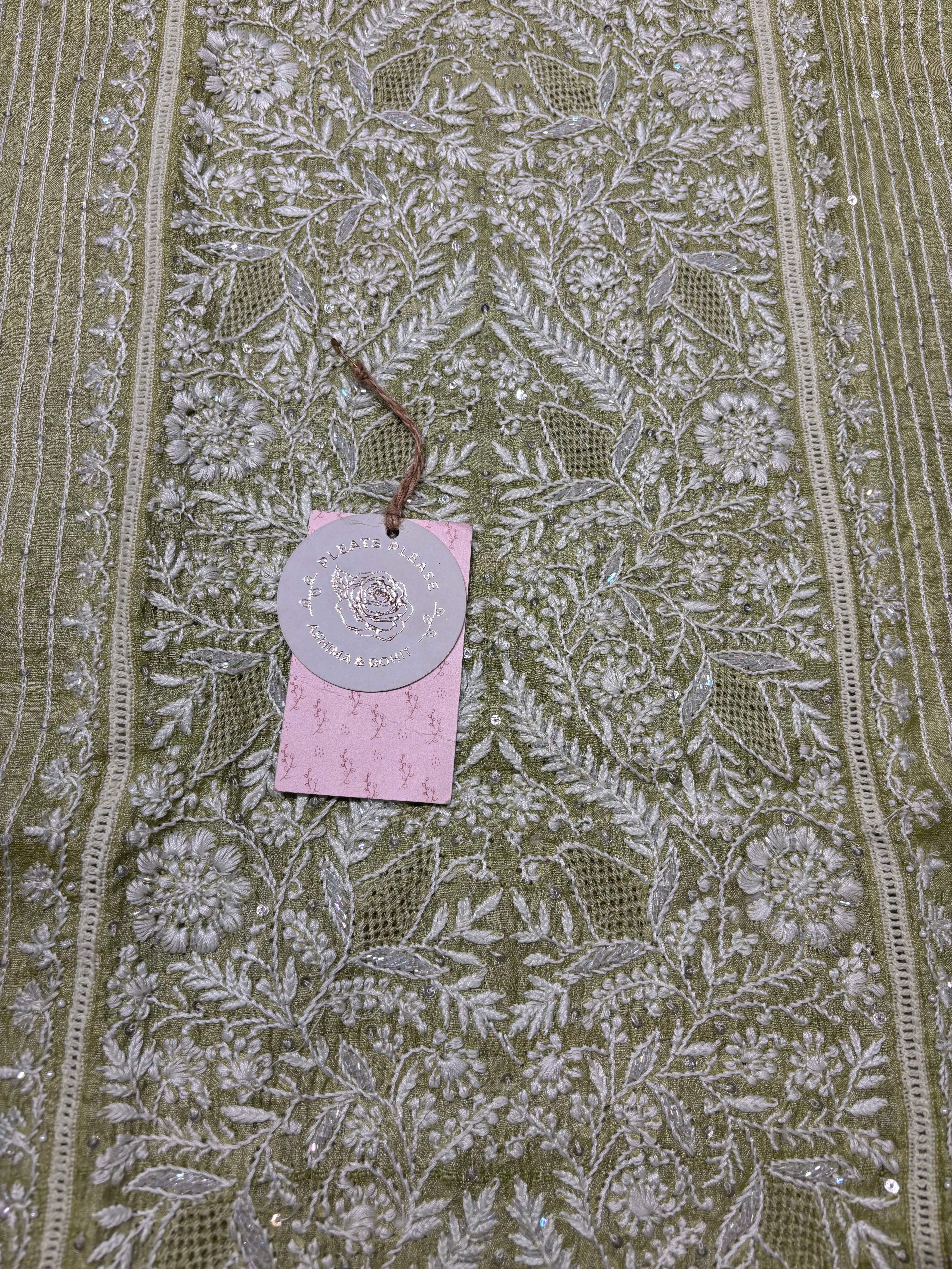 Sage Green Tussar Silk Chikankari Kurta And Dupatta Set