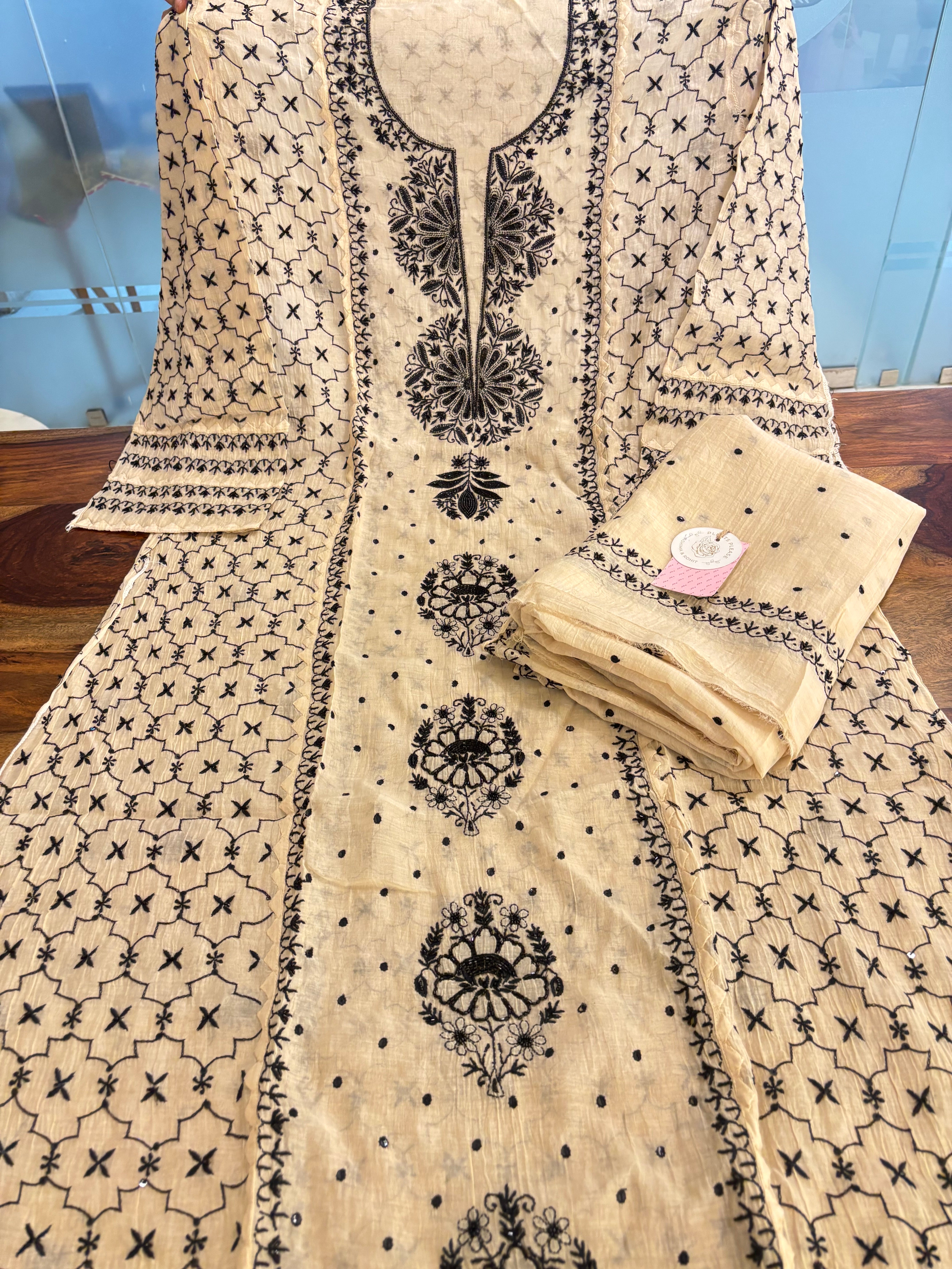 Ivory Cream Chanderi Chikankari Kurta & Dupatta