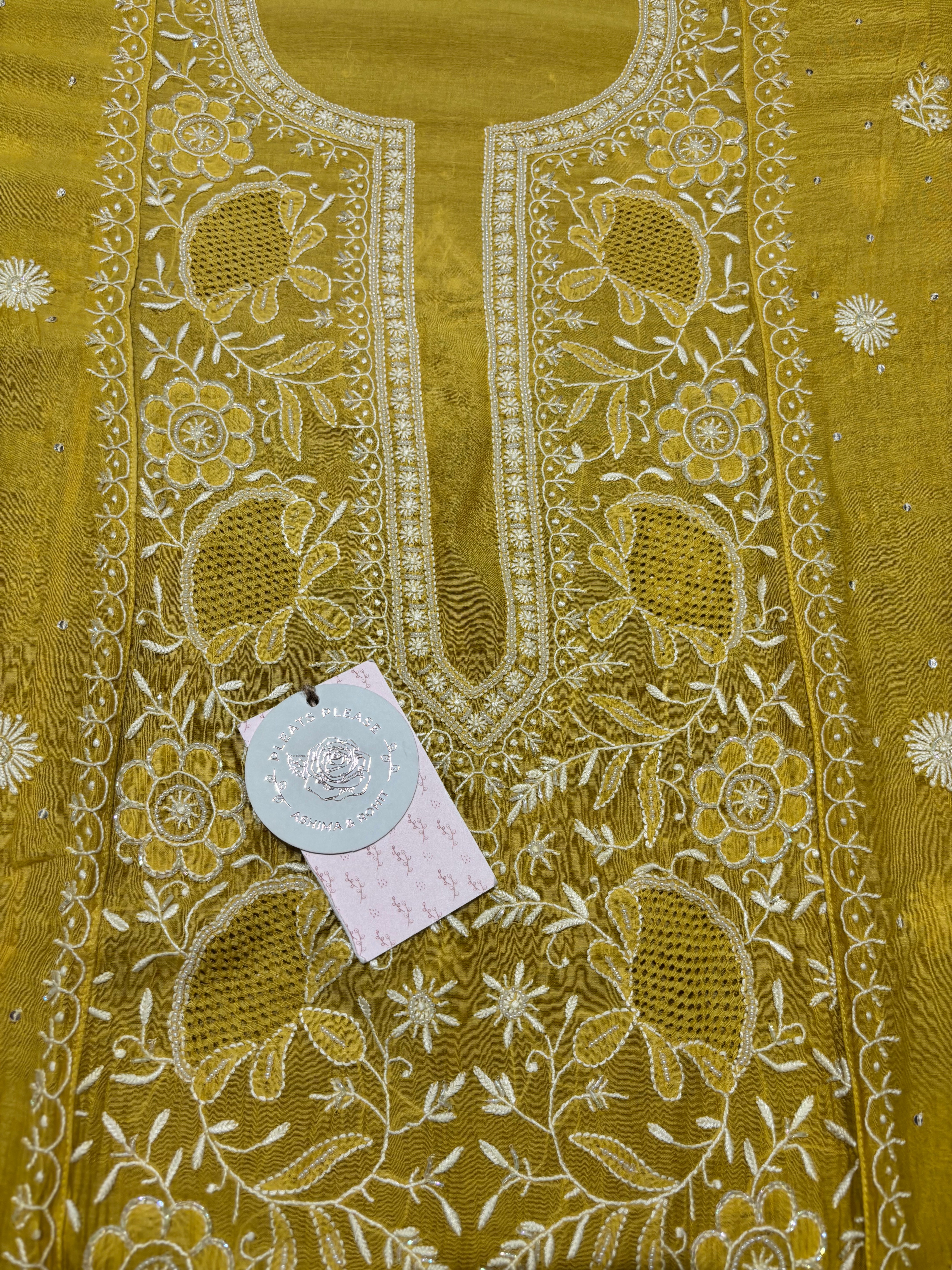 Mustard Chanderi Mul Chikankari Kurta and Dupatta Set